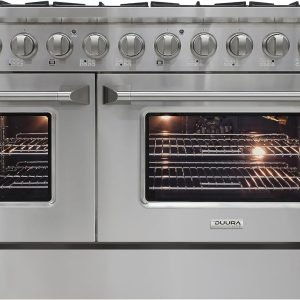 DE480GRSSS Gas Range Cooktop, 48-Inch with Double Porcelain Convection Oven and Broil Function, 8 Sealed Burners Continuous Grates with Stainless Steel Construction, Metallic