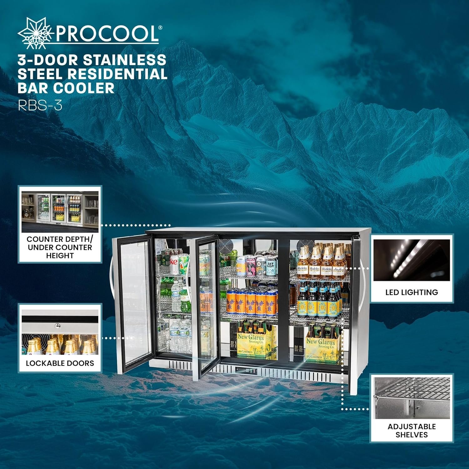 Procool Residential 2-door Glass Front Stainless Steel Back Bar Cooler; Undercounter 33" Height - Image 3