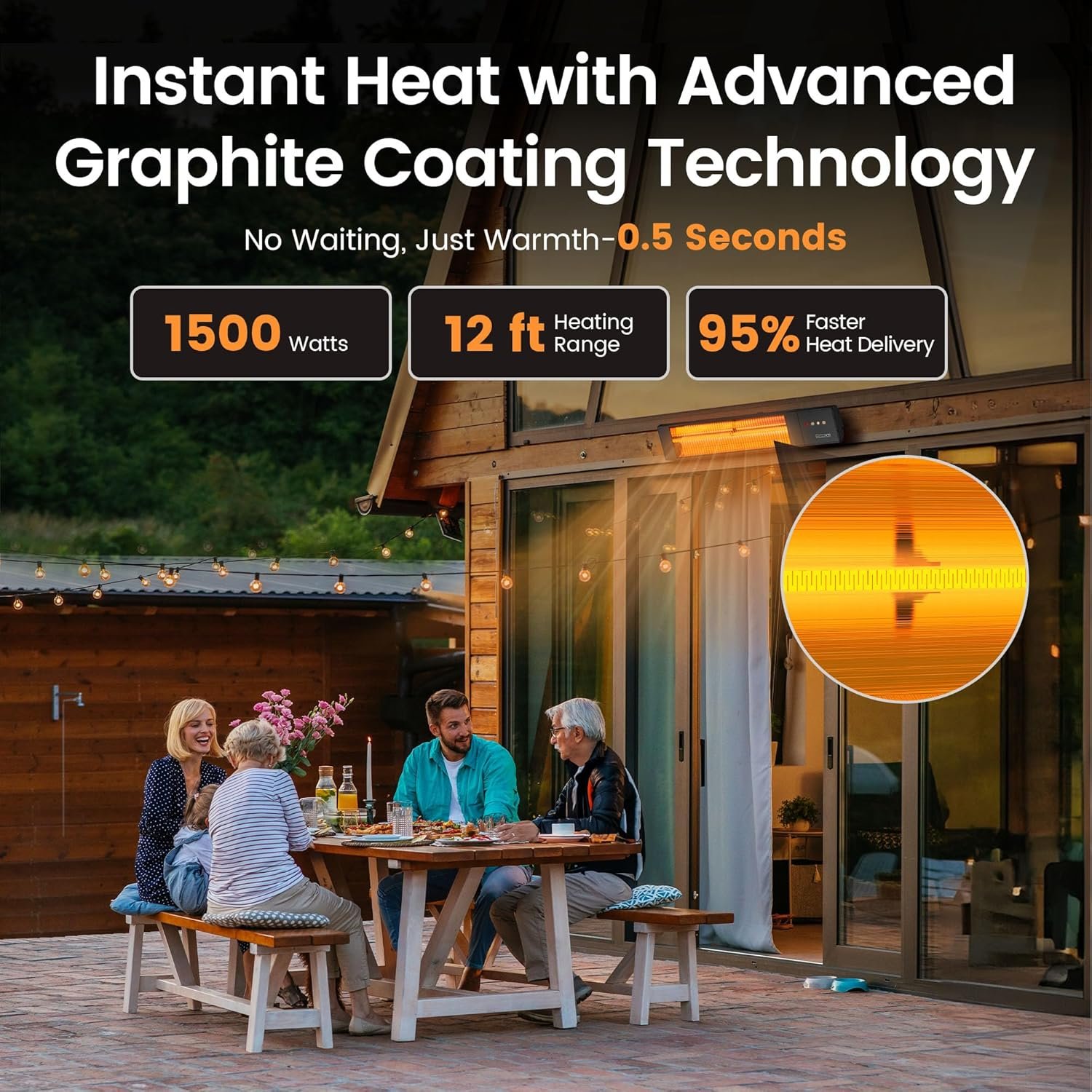 Infrared Heater 36H Timer Outdoor Heater,0.5Sec Instant Heating,Memory Function Infrared Electric Patio Heater,4 Levels Heating Touchscreen With Remote,Restaurant Backyard,1500W,Black - Image 2