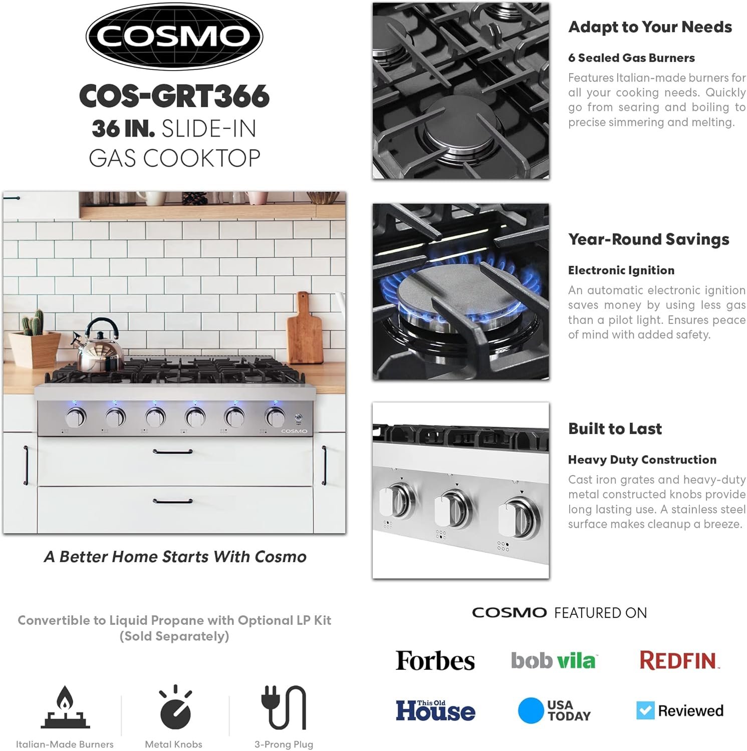 COSMO COS-GRT366 Slide-In Counter Gas-Cooktop 36 inch | 6 Italian-Made Burner Range-Top, Dual Ring Stove, Dishwasher-Safe Cast Iron Grate, Metal Front Knob Control Panel, 36 inch, Stainless Steel - Image 3
