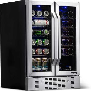 NewAir French Door Wine & Beverage Cooler | 18 Bottle 60 Can | White & Red Wine Countertop Fridge | Stainless Steel Dual Zone Beer and Wine Fridge With Digital Temperature Controls and Key Lock