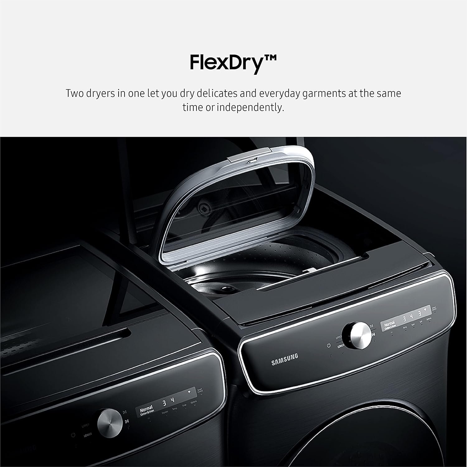 SAMSUNG 7.5 Cu. Ft. Smart Dial Electric Dryer with FlexDry, Dry 2 Loads in 1 Large Capacity Machine, Super Speed 30 Minute Clothes Drying Cycle, WiFi Connected Control, DVE60A9900V/A3, Brushed Black - Image 2