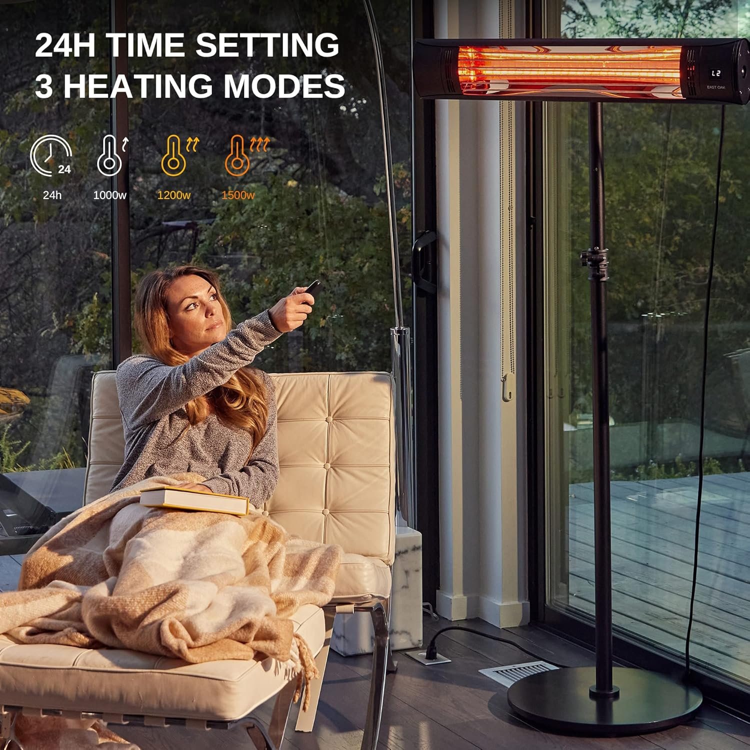EAST OAK Electric Patio Heater, 1500W Wall Mounted & Standing Outdoor Indoor Infrared Electric Heater with IP65 Waterproof, Overheating Protection & Tip-over, 3 Heat Settings & 24H Timing - Image 6