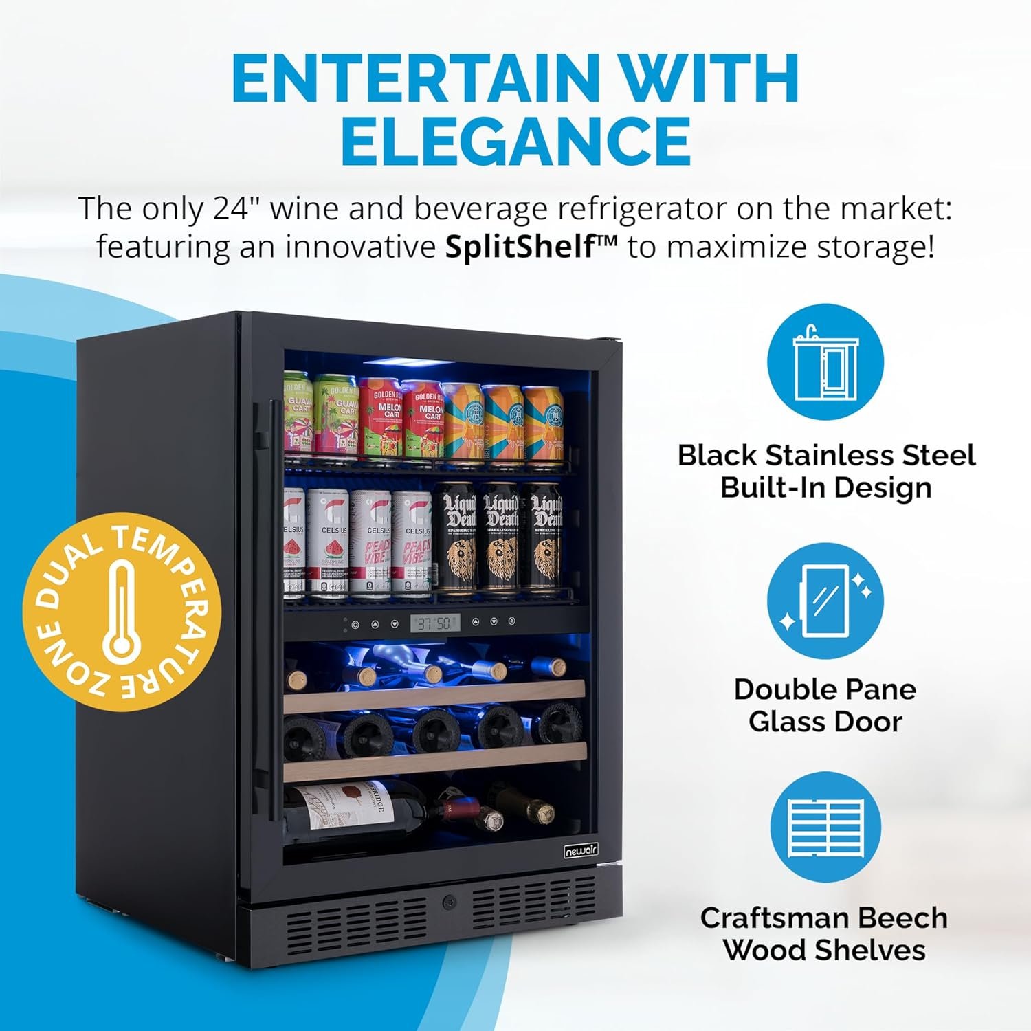 NewAir 24" Wine and Beverage Refrigerator, 24 Bottle and 100 Can Dual Zone Drink Cooler, Black Stainless Steel Built-in Beer and Wine Cooler Refrigerator for Kitchen Cabinet, Bar Cabinet, Home Office - Image 2