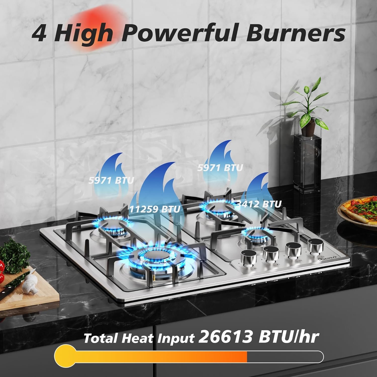 4 Burner Gas Stove - 24 Inch Stainless Steel Propane Gas Cooktop for LPG/NG Dual Fuel, Two Burner Gas Stove Burner with Flame-out Protection for Apartment, Kitchen, Indoor, 110-120V Plug in - Image 2