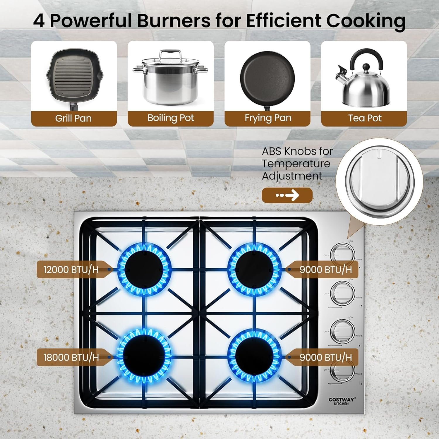 COSTWAY 30-inch Gas Cooktop, Stainless Steel Gas Stove Top with 4 Burners, ABS Knobs and Cast Iron Grates, NG/LP G Convertible Gas Range Top with Sealed Burners for Kitchen, Easy to Clean, Silver - Image 4