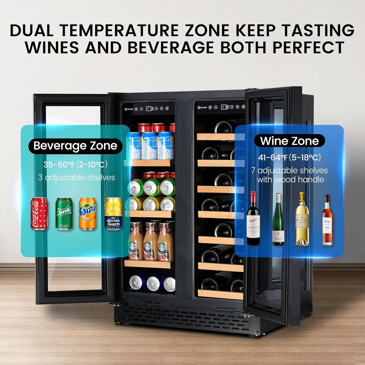 24 Inch Wine and Beverage Refrigerator Under Counter, Dual Zone Black Beverage Fridge with Glass Door&Lock,20 Bottles & 88 Cans Wine and Beverage Cooler, Freestanding Mini Fridge for Bedroom Home - Image 4
