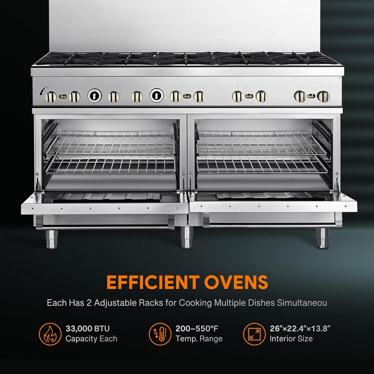 60" Natural Gas Range with Ovens, Dual Oven Gas Range with Total 366,000 BTU Capacity, 10 Burner Commercial Gas Range with Liquid Propane Gas Conversion Kit for Restaurant Kitchen - Image 7