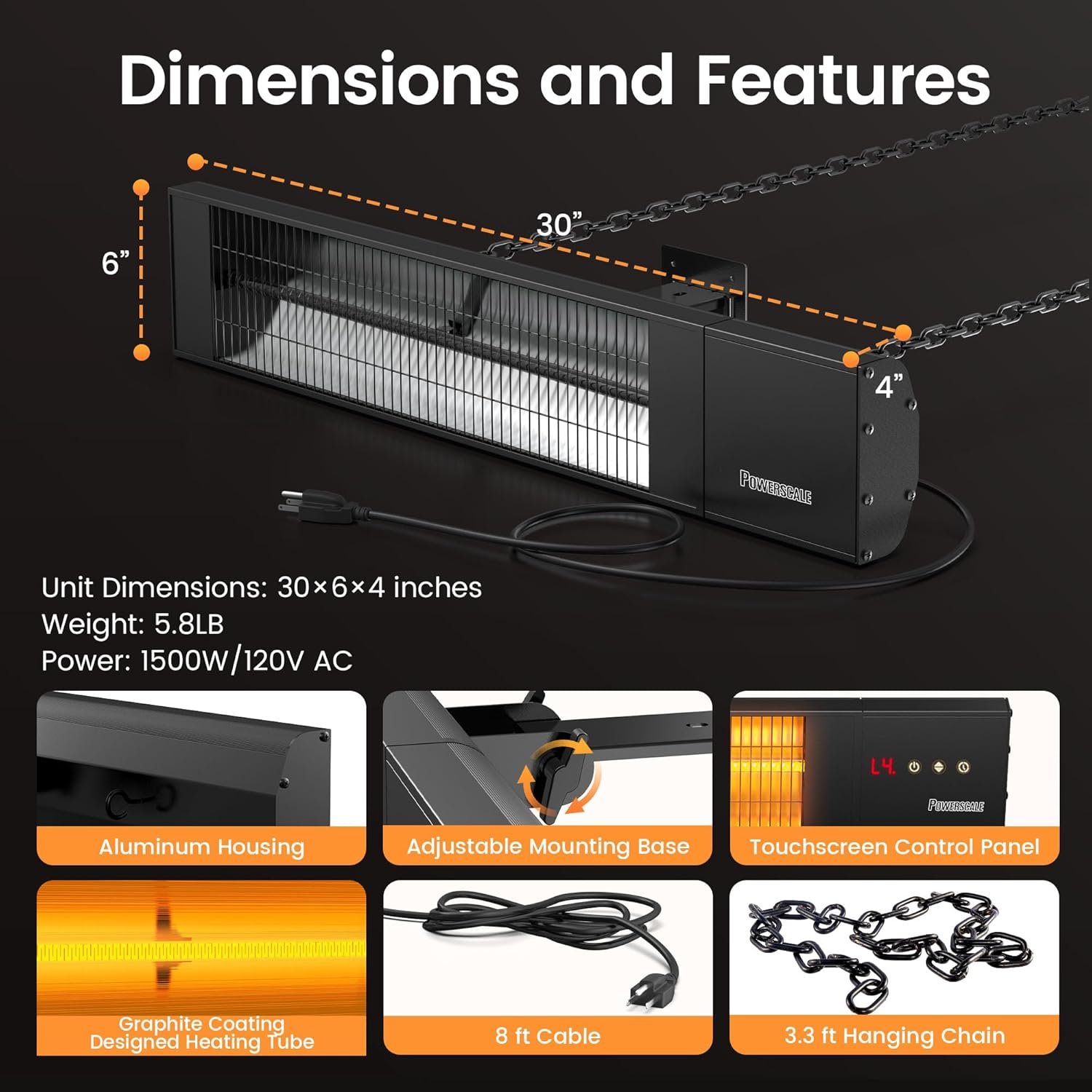 Infrared Heater 36H Timer Outdoor Heater,0.5Sec Instant Heating,Memory Function Infrared Electric Patio Heater,4 Levels Heating Touchscreen With Remote,Restaurant Backyard,1500W,Black - Image 9