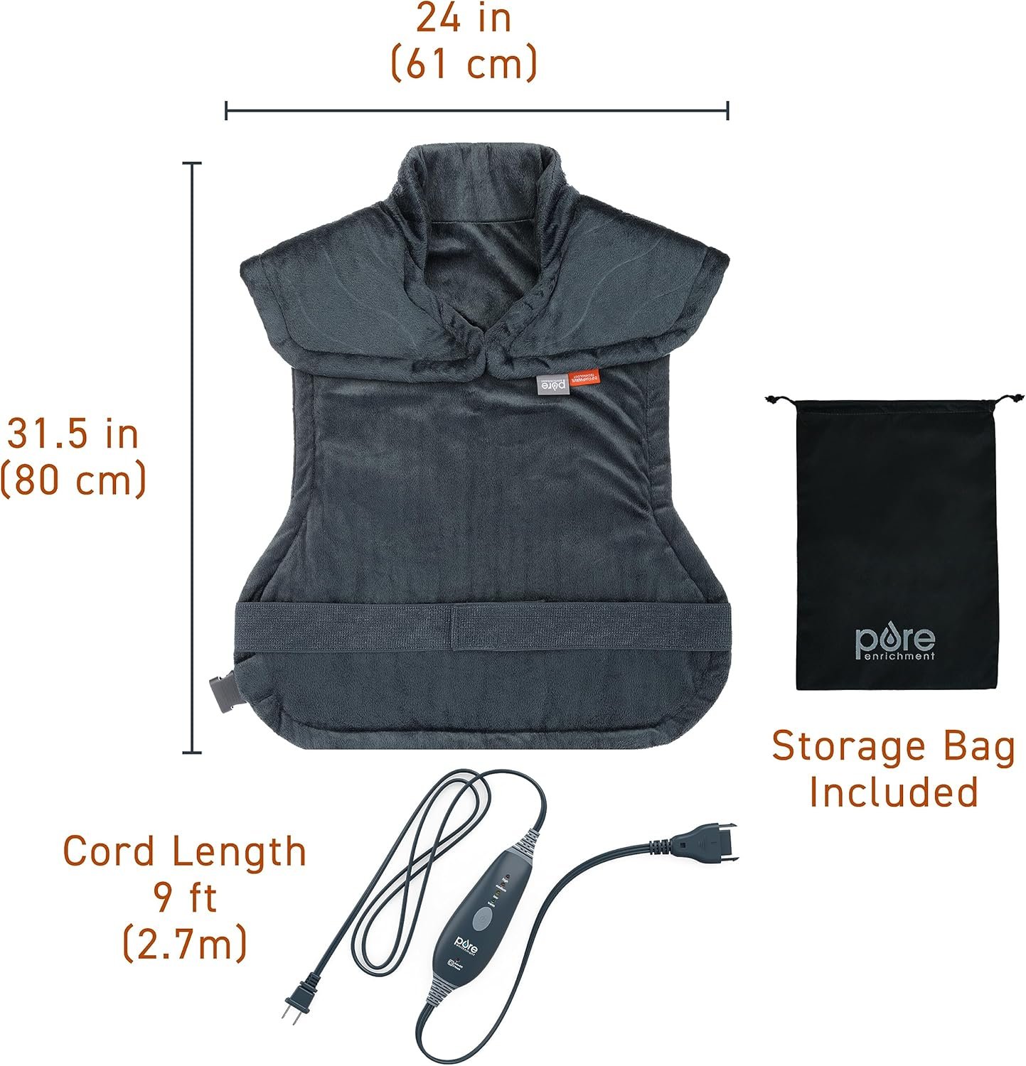 Pure Enrichment PureRelief Pro Far Infrared Back & Neck Heating Pad - Deeper Muscle Relief for Back, Neck, & Shoulder Pain in Athletes, 4 Heat Settings, Dry/Moist Heat, 31.5” x 24” (Iron Gray) - Image 7