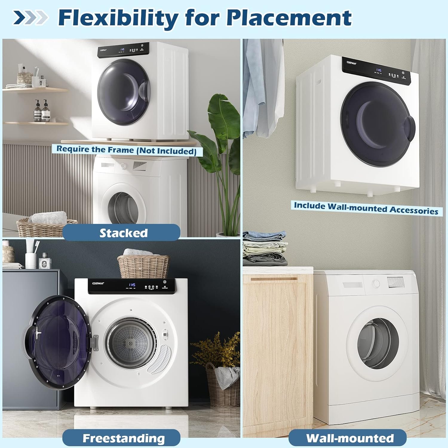 COSTWAY Compact, Touch Panel, 2 Modes, 3 Heating Powers and Adjustable Exhaust Vent, 8.8 LBS Front Load Tumble Laundry Apartment, Dorm and Home, 1400W, White Portable Dryer - Image 9
