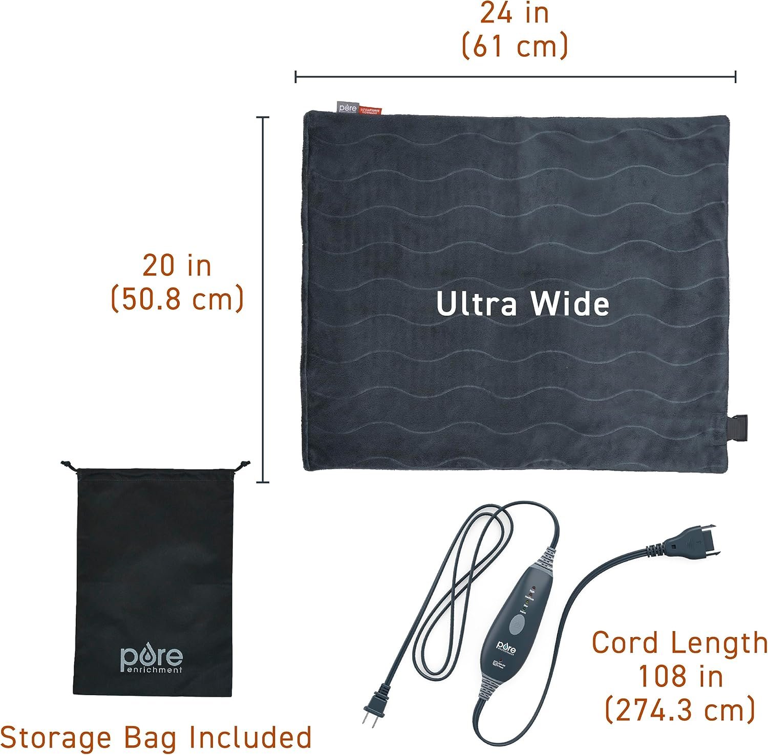 Pure Enrichment PureRelief Pro Far Infrared Ultra-Wide Heating Pad - Muscle Relief for Back, Neck, Shoulder, & Knee Pain in Athletes, 4 Heat Settings, Dry/Moist Heat, 20” x 24” Wide Size (Iron Gray) - Image 5