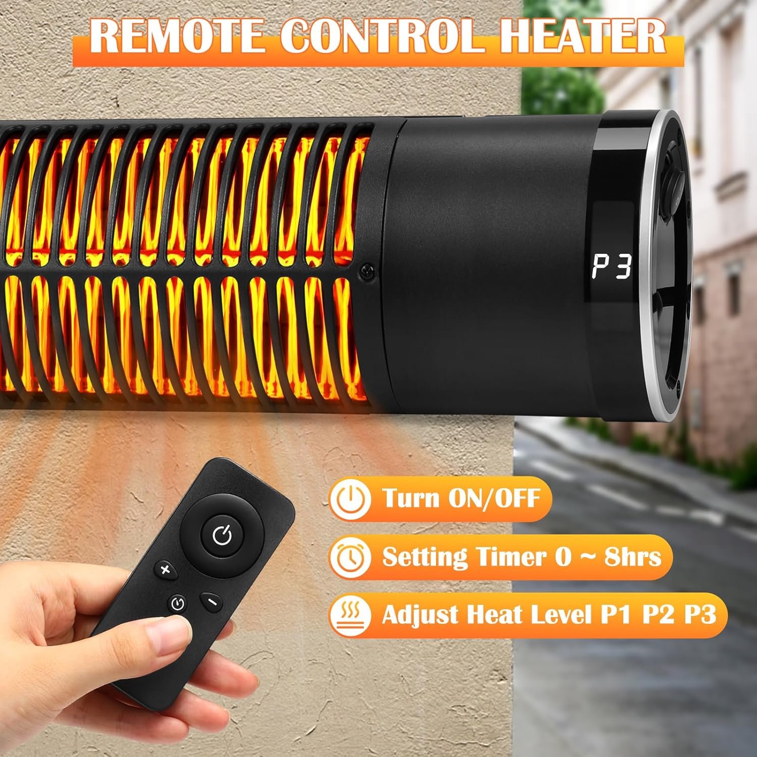 Electric Outdoor Heater, 1500W Patio Heater for Outdoor Use, Wall-Mounted Carbon Infrared Heater,With Remote, 3 Heat Levels, 8H Timers, Radiant Heater for Garage, Gazebos, Shop, Pack of 2 - Image 3
