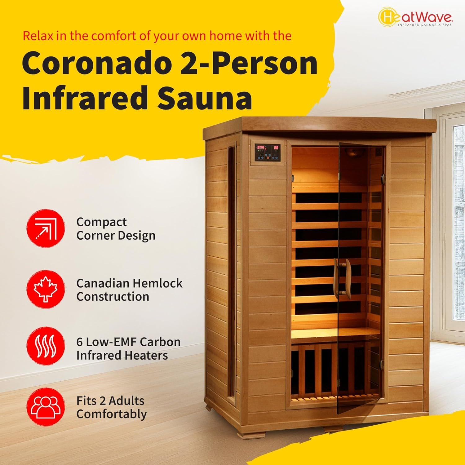 HEATWAVE Radiant Saunas 2-Person Hemlock Infrared Sauna with 6 Carbon Heaters, Chromotherapy Lighting, Oxygen Ionizer - Image 2