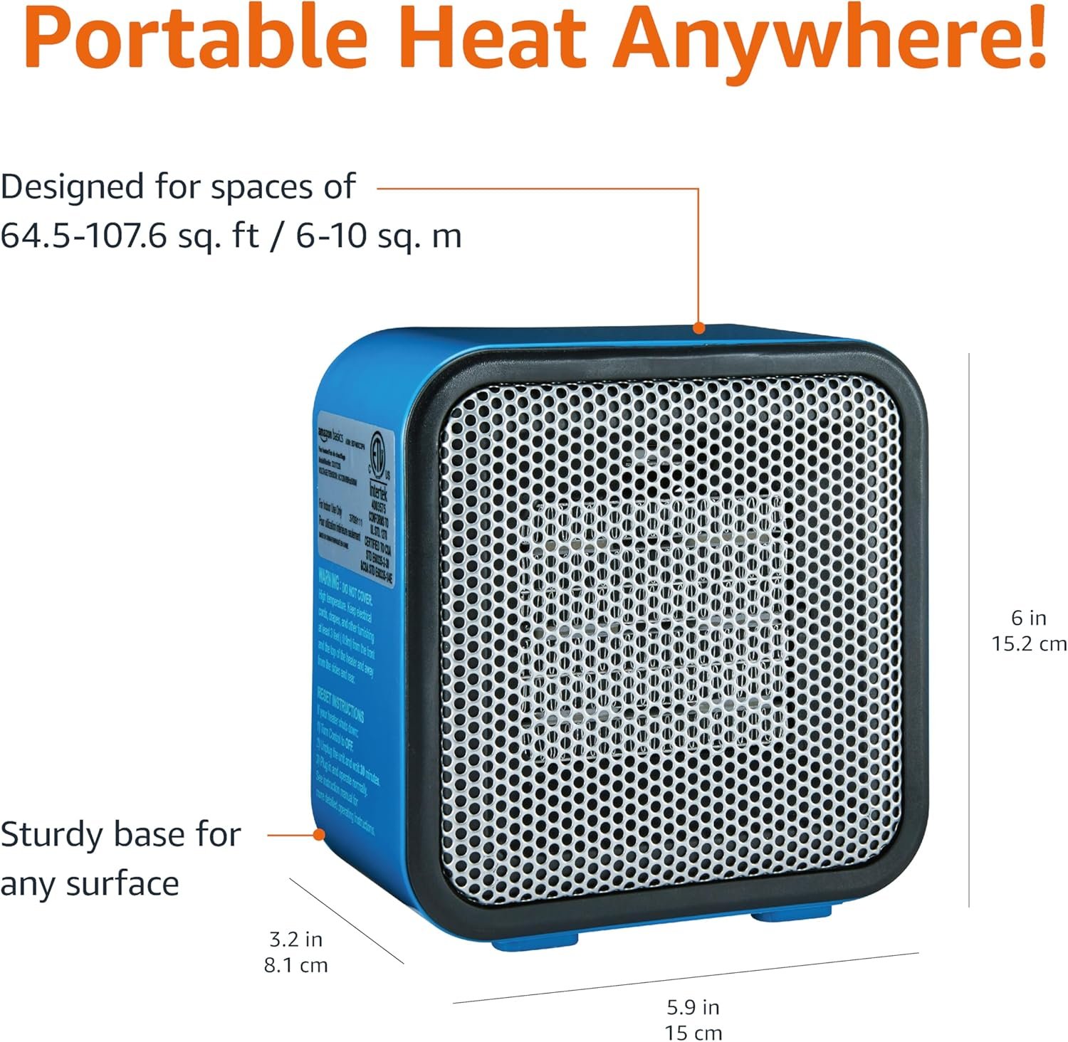 Amazon Basics Ceramic Space Heater, Mini Heater for Office Desk, Portable Tent Heater for Camping (Indoor Use), 500 W, With Tip-Over Protection, Lightweight (1.4 LBS), Blue, 5.9 x 3.2 x 6 inches - Image 3