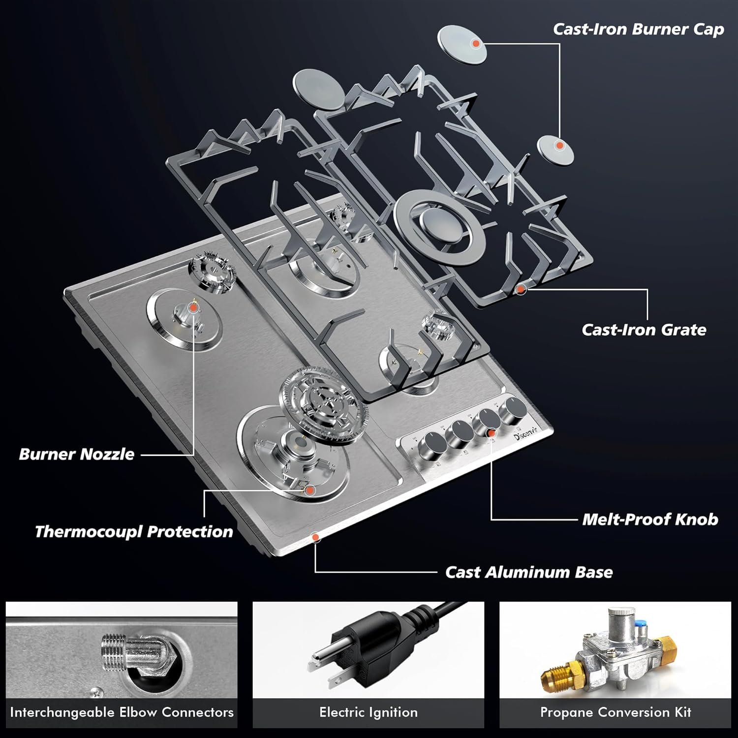 4 Burner Gas Stove - 24 Inch Stainless Steel Propane Gas Cooktop for LPG/NG Dual Fuel, Two Burner Gas Stove Burner with Flame-out Protection for Apartment, Kitchen, Indoor, 110-120V Plug in - Image 3