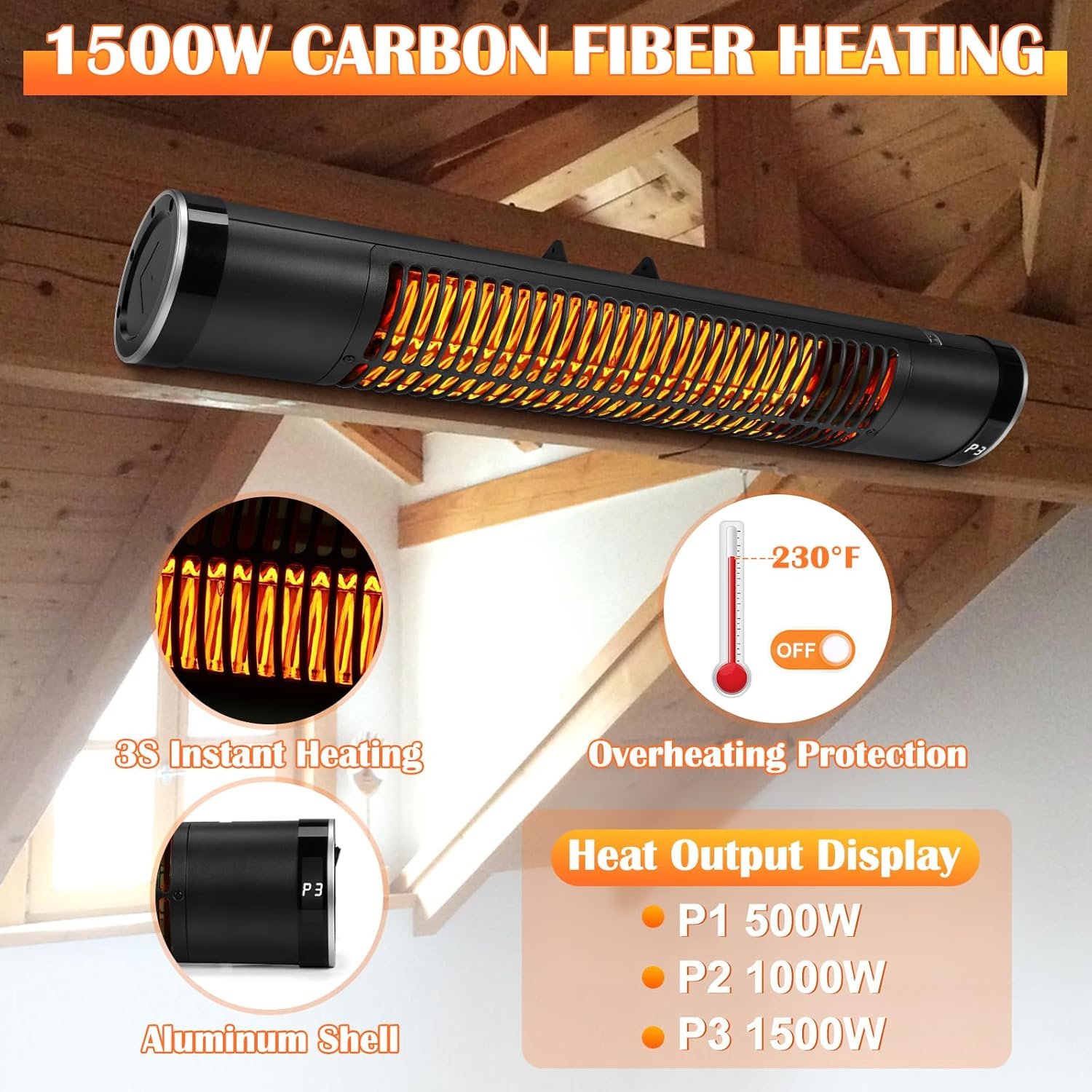 Electric Outdoor Heater, 1500W Patio Heater for Outdoor Use, Wall-Mounted Carbon Infrared Heater,With Remote, 3 Heat Levels, 8H Timers, Radiant Heater for Garage, Gazebos, Shop, Pack of 2 - Image 4