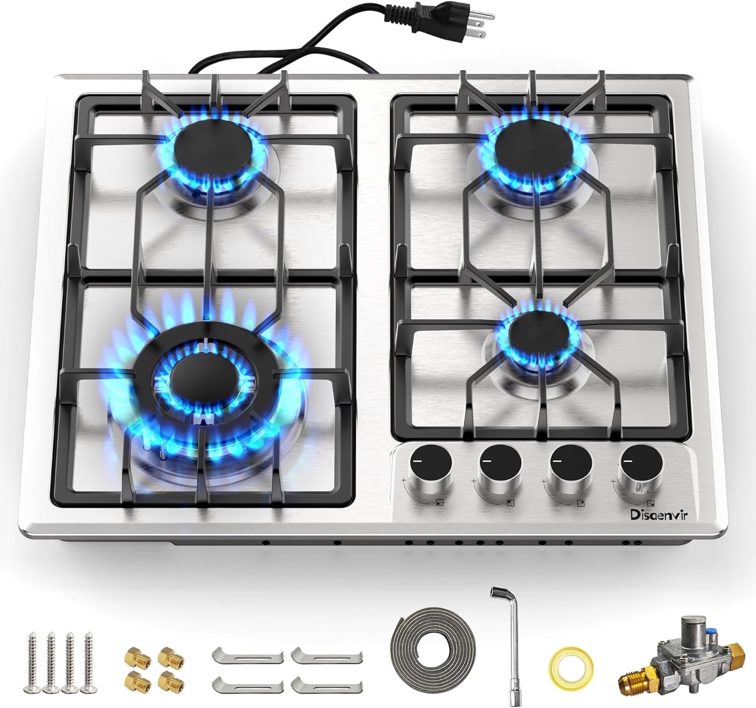4 Burner Gas Stove - 24 Inch Stainless Steel Propane Gas Cooktop for LPG/NG Dual Fuel, Two Burner Gas Stove Burner with Flame-out Protection for Apartment, Kitchen, Indoor, 110-120V Plug in