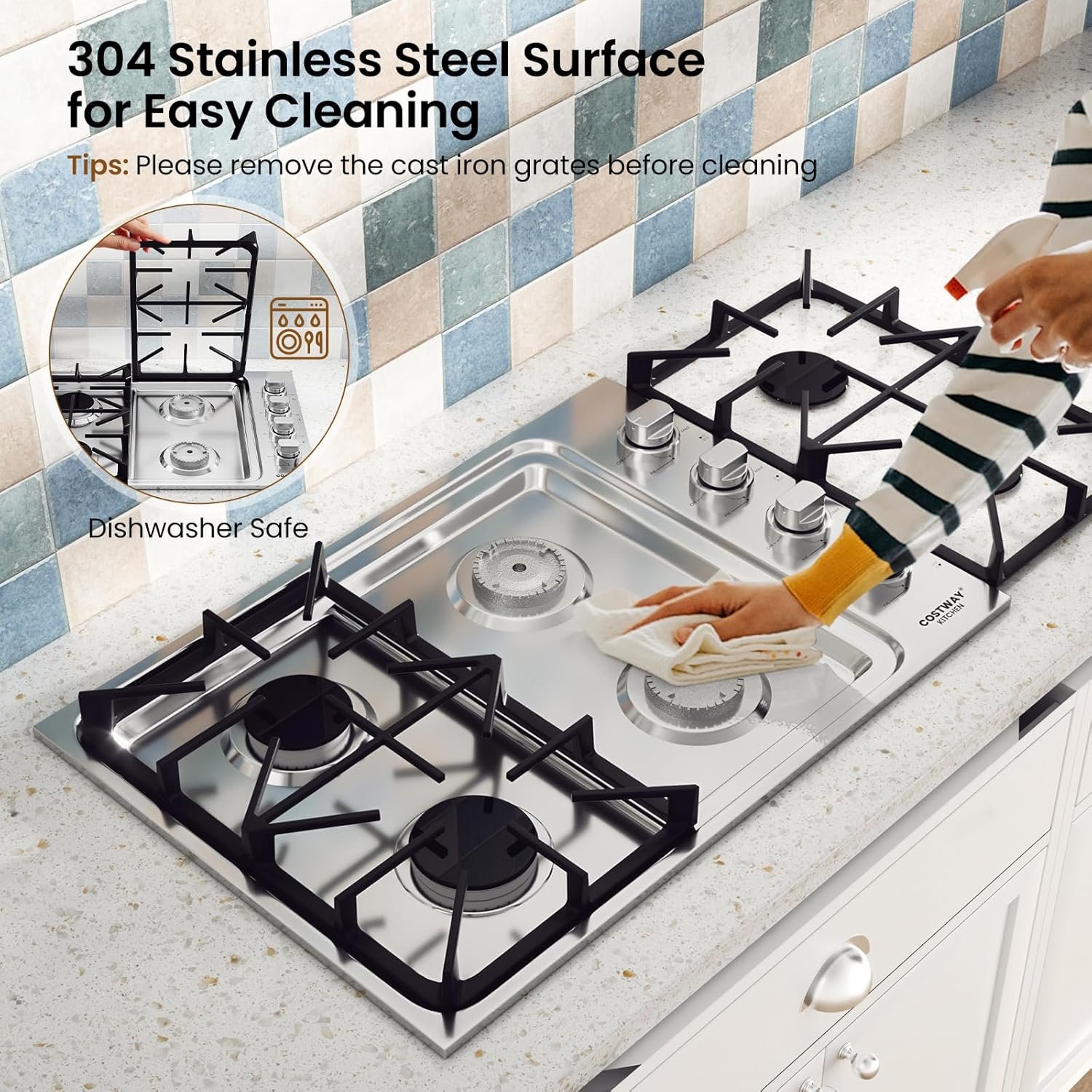 COSTWAY 30-inch Gas Cooktop, Stainless Steel Gas Stove Top with 4 Burners, ABS Knobs and Cast Iron Grates, NG/LP G Convertible Gas Range Top with Sealed Burners for Kitchen, Easy to Clean, Silver - Image 6