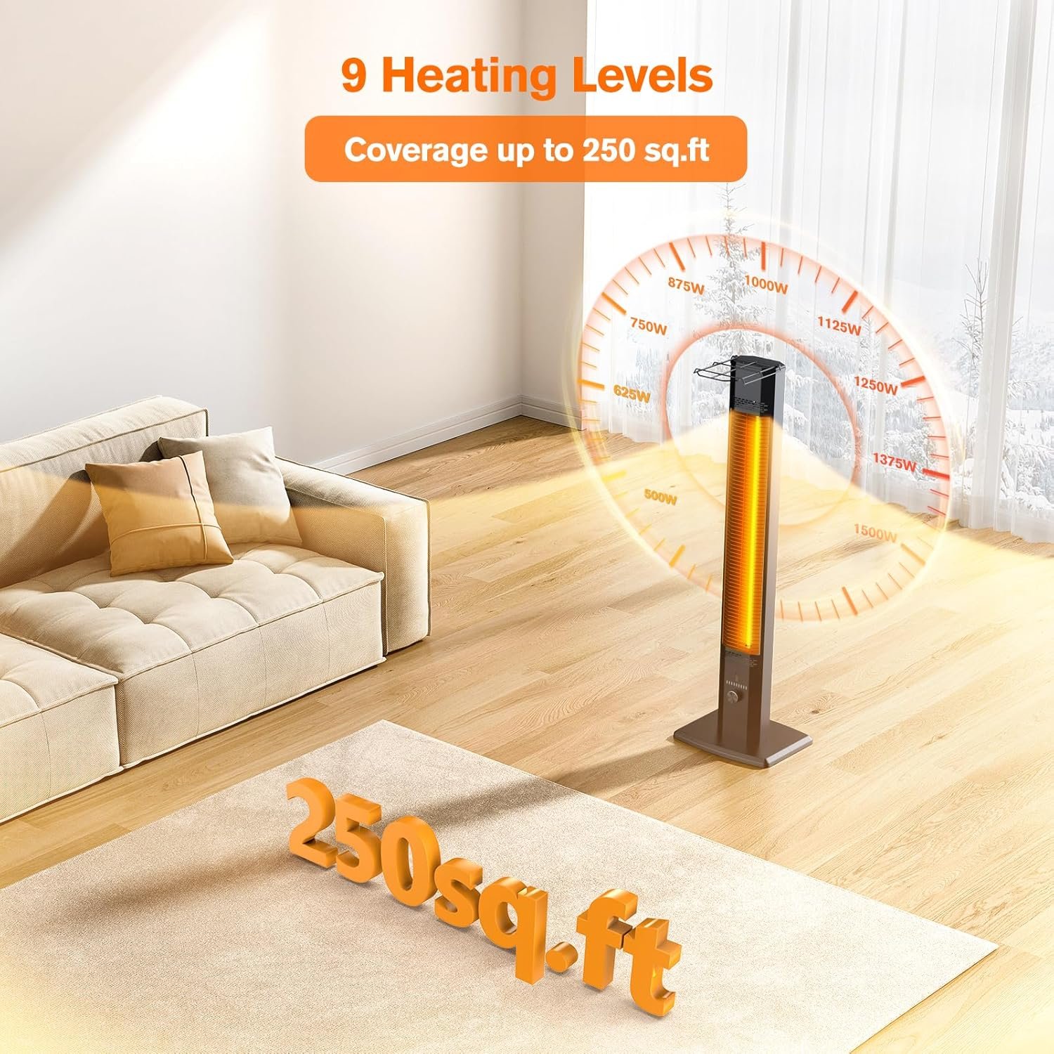 Outdoor Patio Heater, 42in Infrared Heater with Remote, 9 Heat Levels, 9H Timers, Safety Lock, Tip-Over & Overheat Protection, IP65 Waterproof, Electric Heater for Indoor Outdoor Garage Use,Dark Black - Image 2