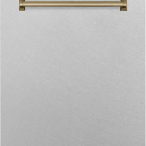 ZLINE Autograph Edition 24" 3rd Rack Top Touch Control Tall Tub Dishwasher in Fingerprint Resistant Stainless Steel with Champagne Bronze Handle, 45dBa (DWMTZ-SN-24-CB)