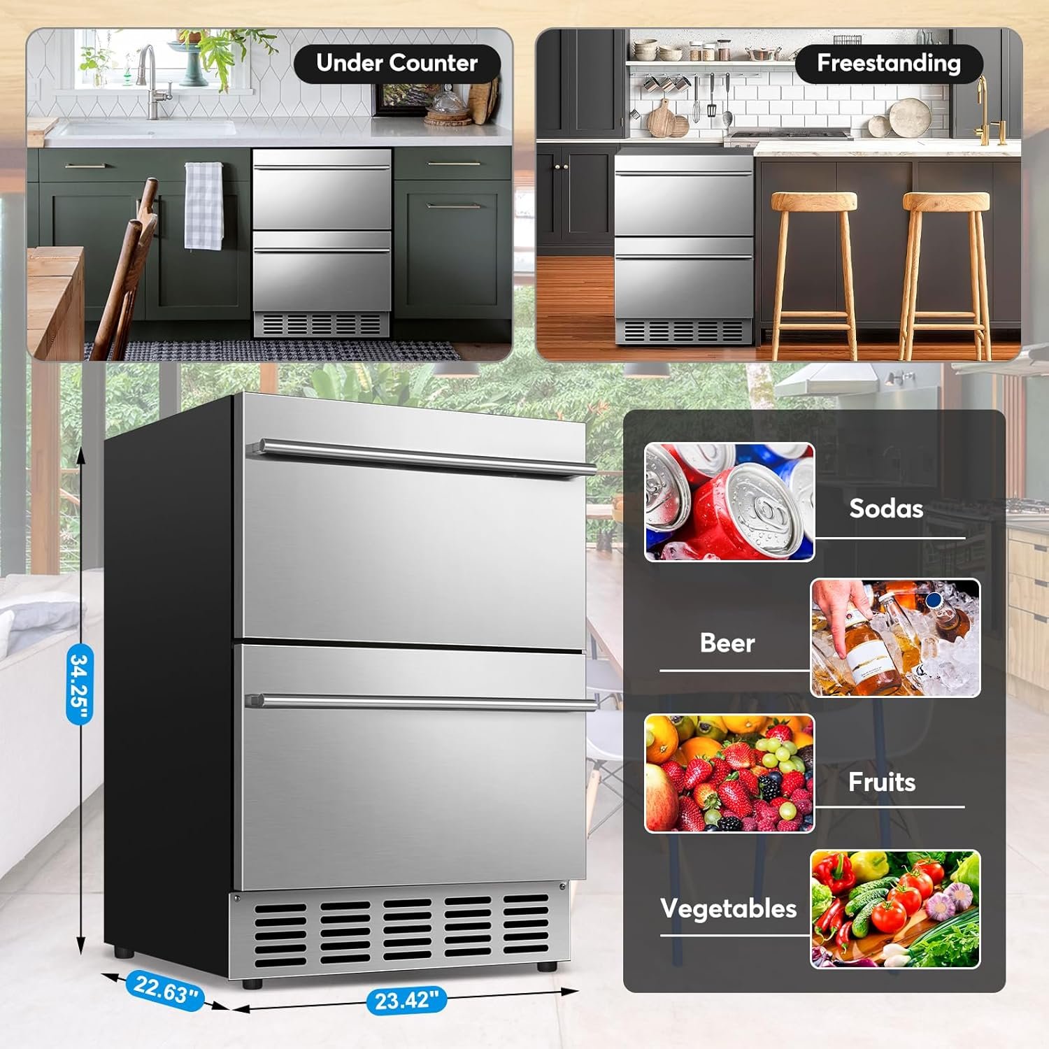 Under Counter Beverage Refrigerator 24 Inch, Outdoor Drawer Fridge Stainless Steel with Temperature Control for Home, Outdoor Patio and Commercial Use - Image 7