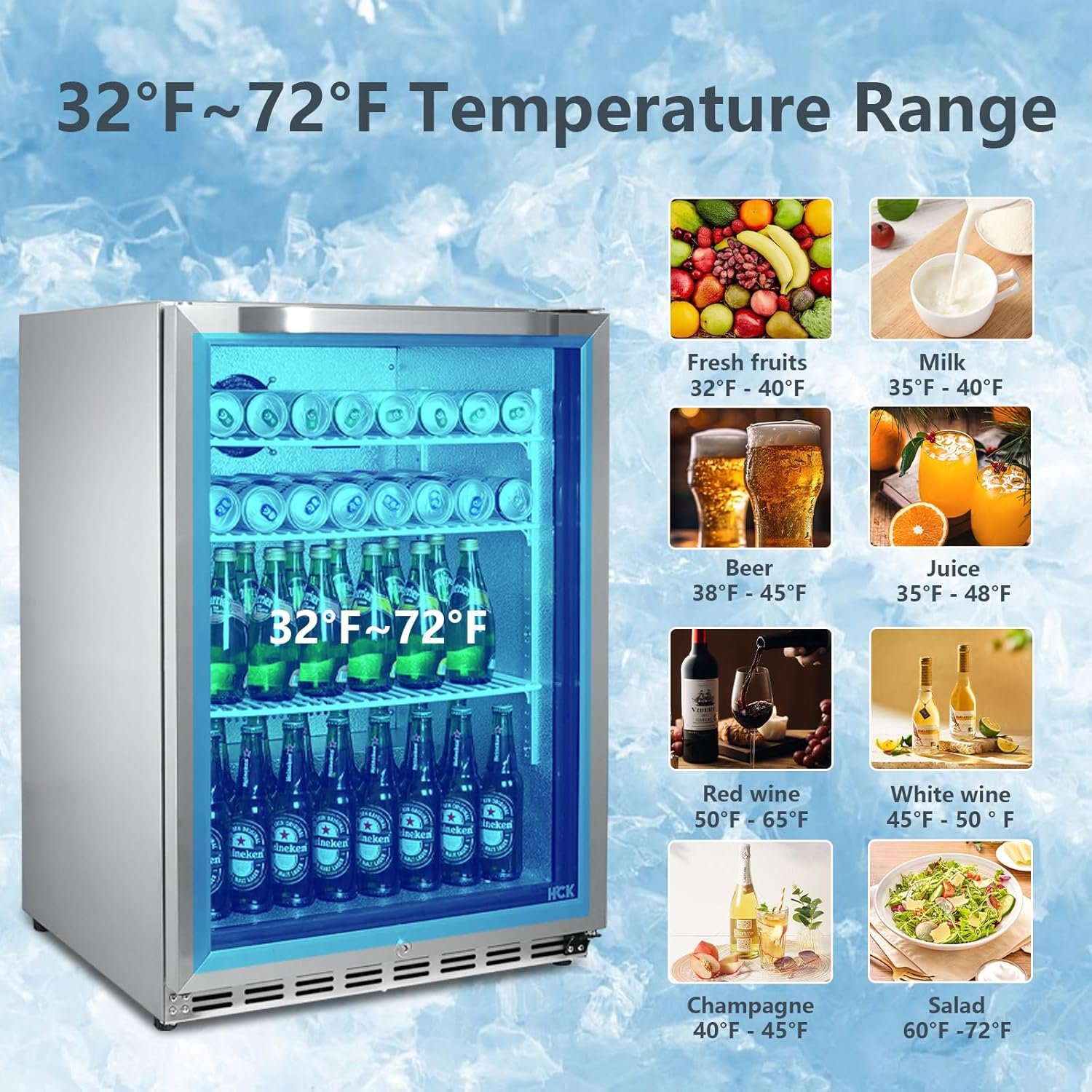 HCK 24 Inch Beverage Refrigerator, 180 Can Under Counter Fridge with Glass Door and Stainless Steel Body, Built-in or Freestanding, Beverage Cooler for Soda, Beer, Wine - Kitchen, Bar or Office - Image 4