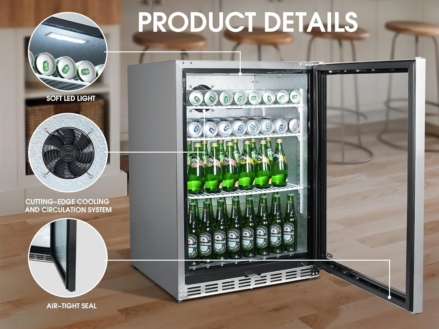 HCK 24 Inch Beverage Refrigerator, 180 Can Under Counter Fridge with Glass Door and Stainless Steel Body, Built-in or Freestanding, Beverage Cooler for Soda, Beer, Wine - Kitchen, Bar or Office - Image 3