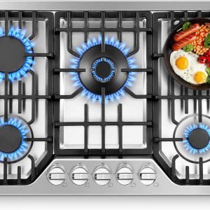 Gas Cooktop 30 Inch with 5 Italy SABAF Powerful Burners, Max 48,300 BTU/hr Gas Stove Top, Built-in 304 Stainless Steel Propane Stove, NG/LPG Convertible, CSA Certified