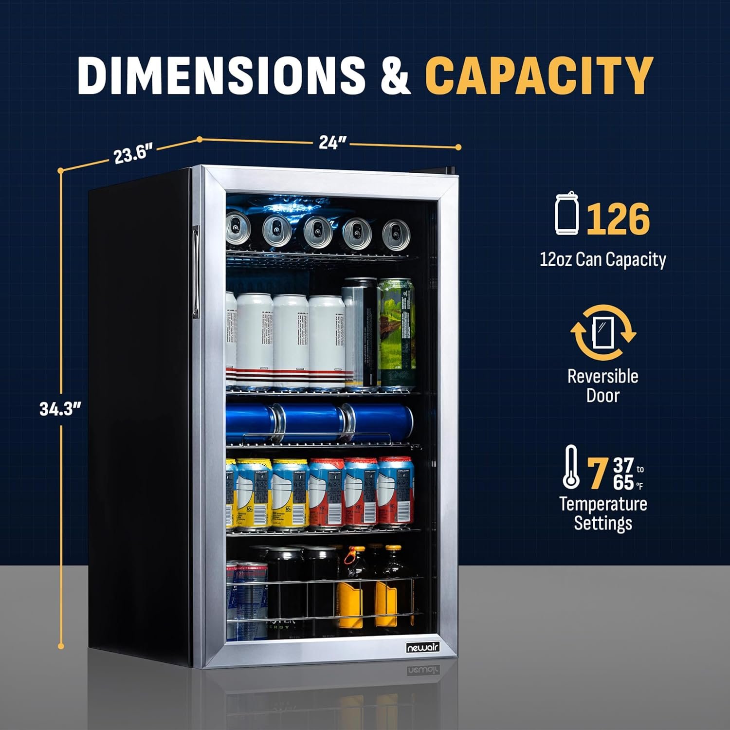 NewAir Beverage Refrigerator Cooler - 126 Cans Free Standing with Right Hinge Glass Door, Mini Fridge Beverage Organizer Perfect For Beer, Wine, Soda, And Cooler Drinks - Image 5