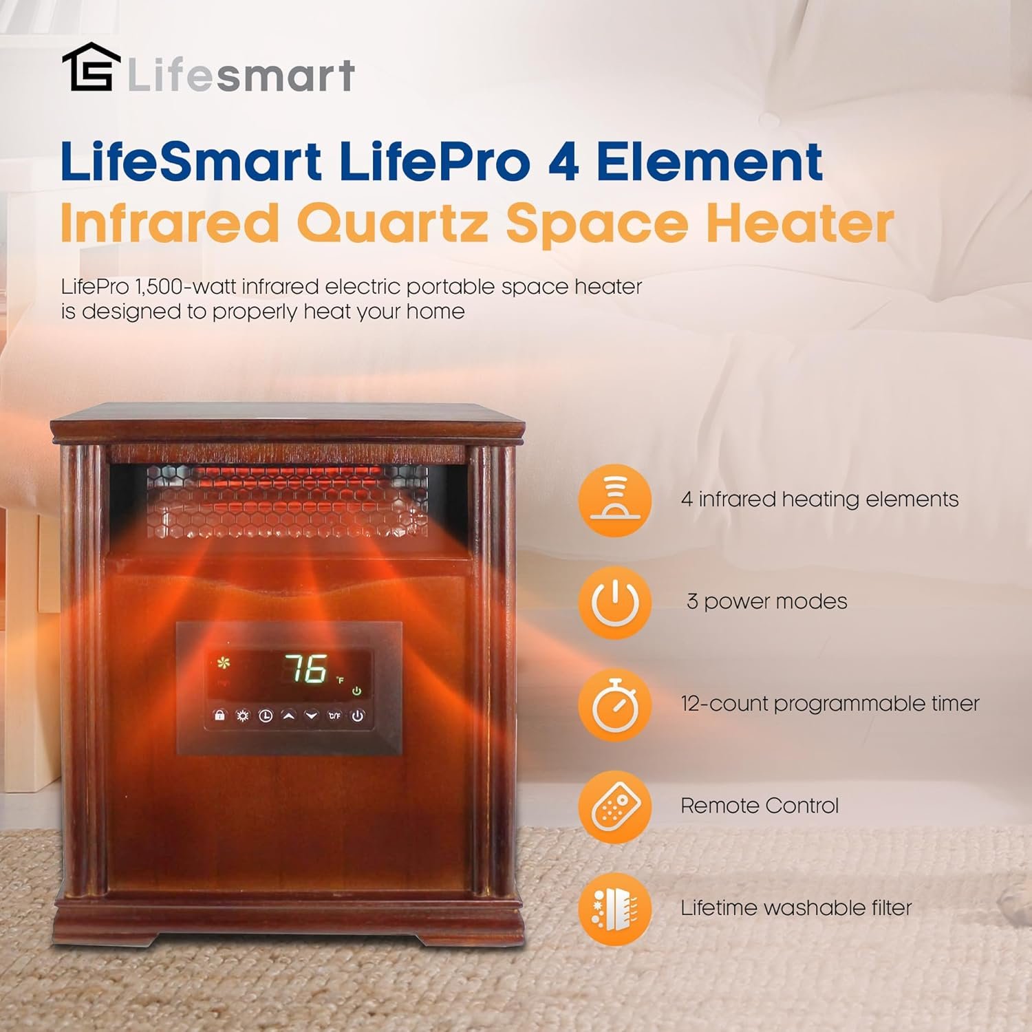 LifeSmart LifePro 1500W Portable Electric Infrared Quartz Space Heater for Indoor Use with 4 Heating Elements and Remote Control, Brown Oak Wood - Image 2