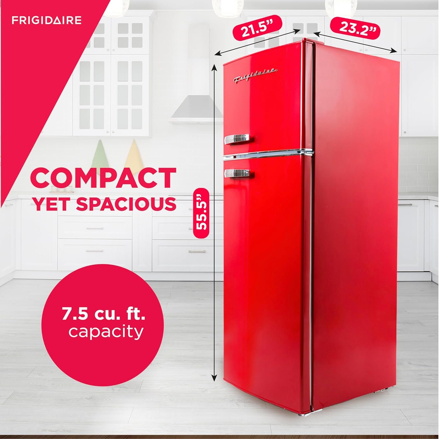 Frigidaire Retro Top Mount Upright Fridge-Freezer Combo, Apartment Size Fridge with Freezer 7.5 cu. ft. capacity - 23.2" D x 21.5" W x 55.5" H (Red) - Image 3
