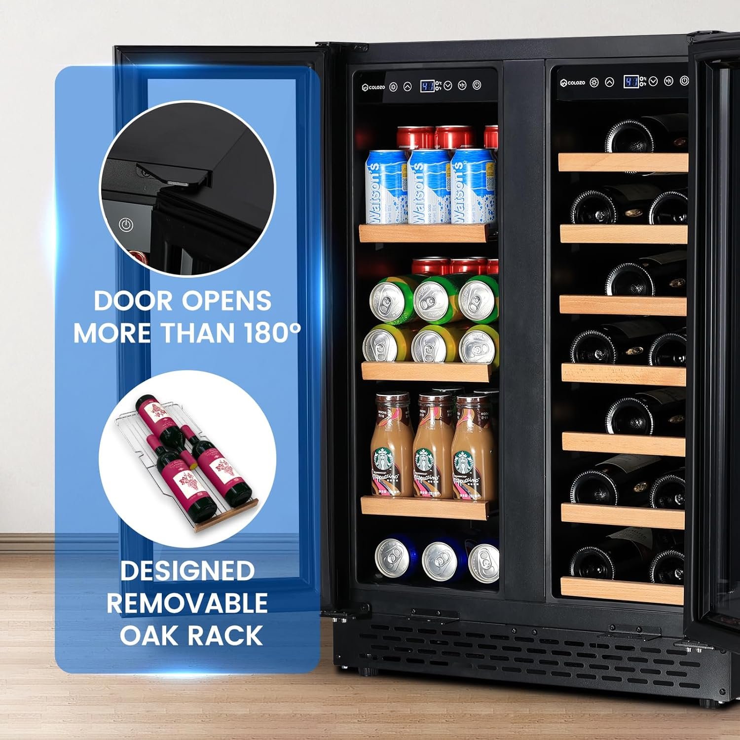 24 Inch Wine and Beverage Refrigerator Under Counter, Dual Zone Black Beverage Fridge with Glass Door&Lock,20 Bottles & 88 Cans Wine and Beverage Cooler, Freestanding Mini Fridge for Bedroom Home - Image 3
