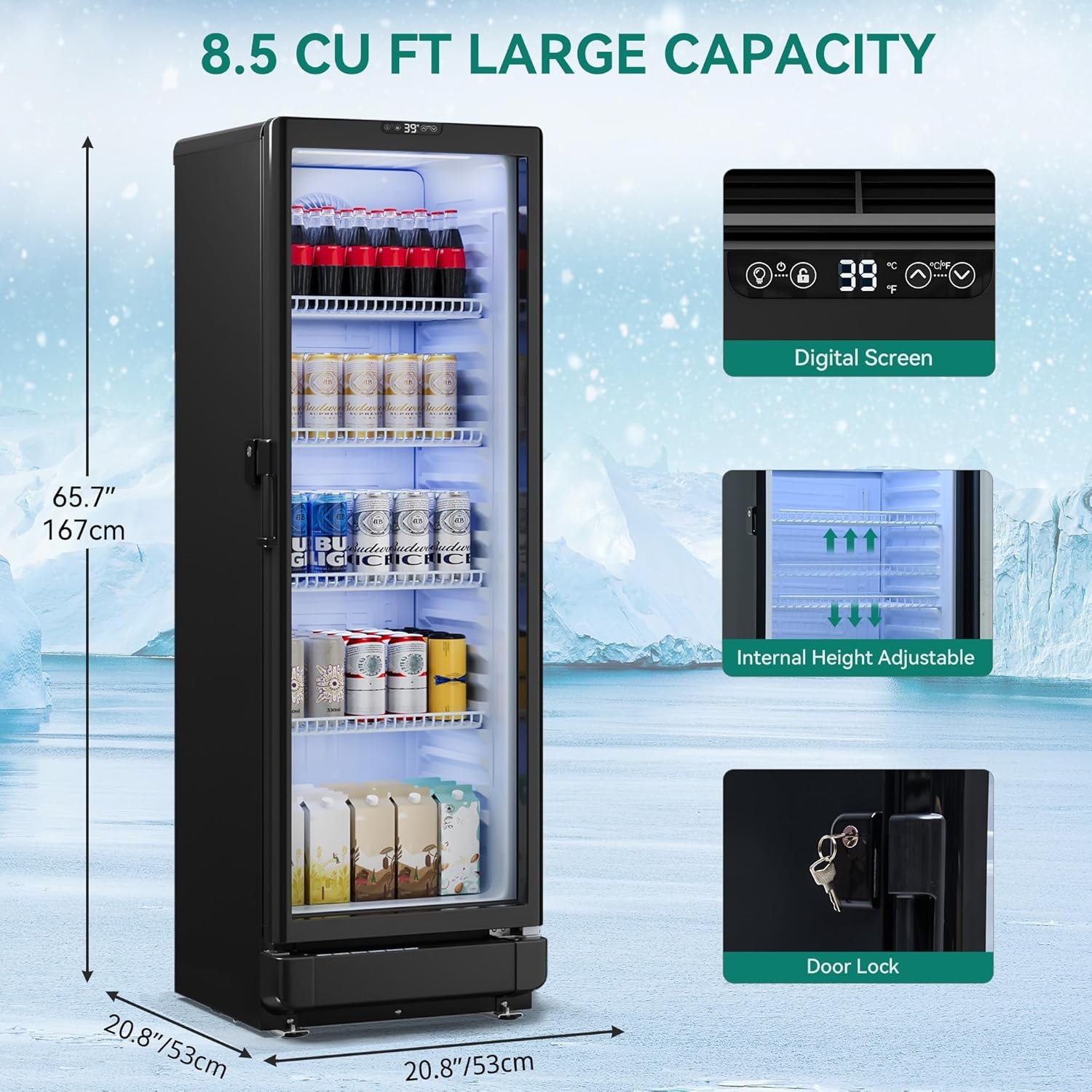 YITAHOME 8.5 CU.FT. Commercial Beverage Display Refrigerator with Single One Glass Door, Drink Beer Fridge Cooler for Office Garage Bar Gym with Locking, Led & 2 Keys - Image 2
