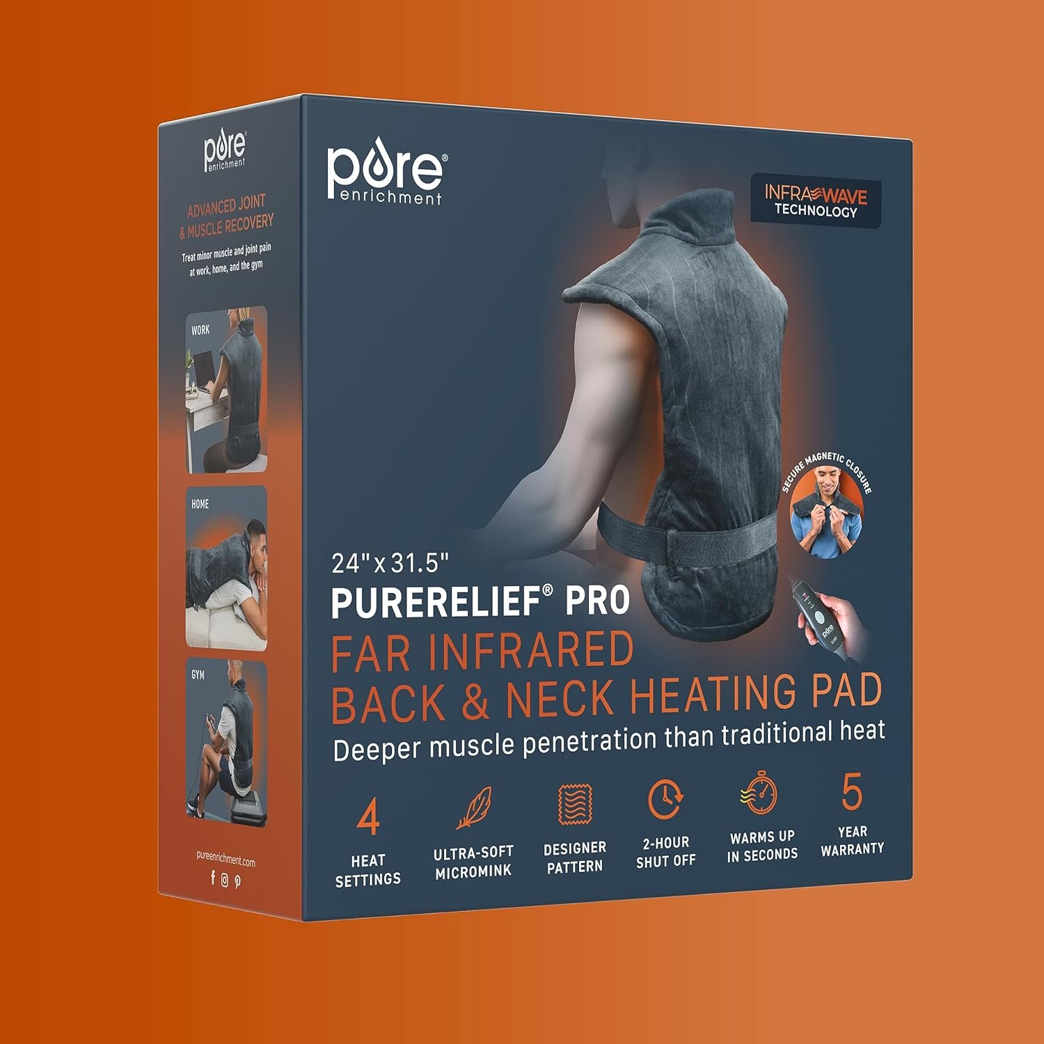 Pure Enrichment PureRelief Pro Far Infrared Back & Neck Heating Pad - Deeper Muscle Relief for Back, Neck, & Shoulder Pain in Athletes, 4 Heat Settings, Dry/Moist Heat, 31.5” x 24” (Iron Gray) - Image 8