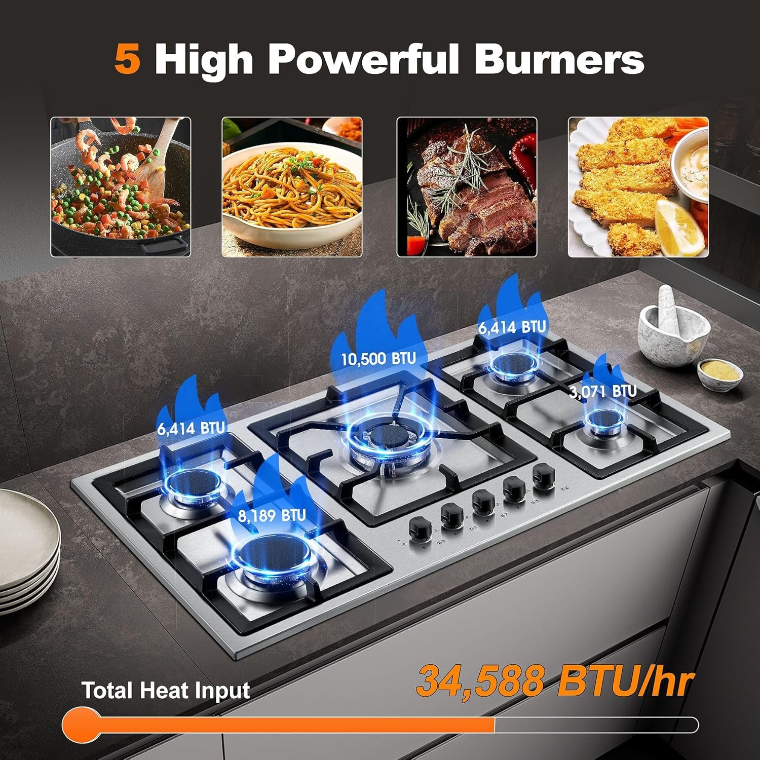 36 Inch Gas Cooktop, 5 Burner Gas Stove Top Total 34,588 BTU, Built-in Stainless Steel 36 Inch Gas Hob with Thermocouple Protection, LPG/NG Convertible Propane Cooktop - Image 3