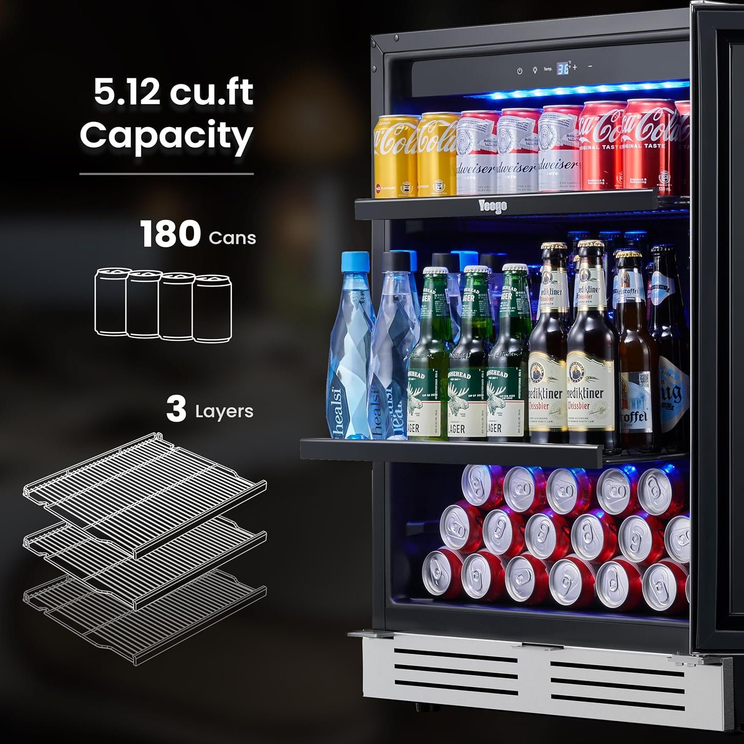 Yeego Beverage Refrigerator Cooler - 24 inch 140 Cans Mini Fridge with Glass Door with Lock, 34-54 ℉ Under Counter Refrigerator Built-in for Soda for Bar Bedroom Office - Image 4