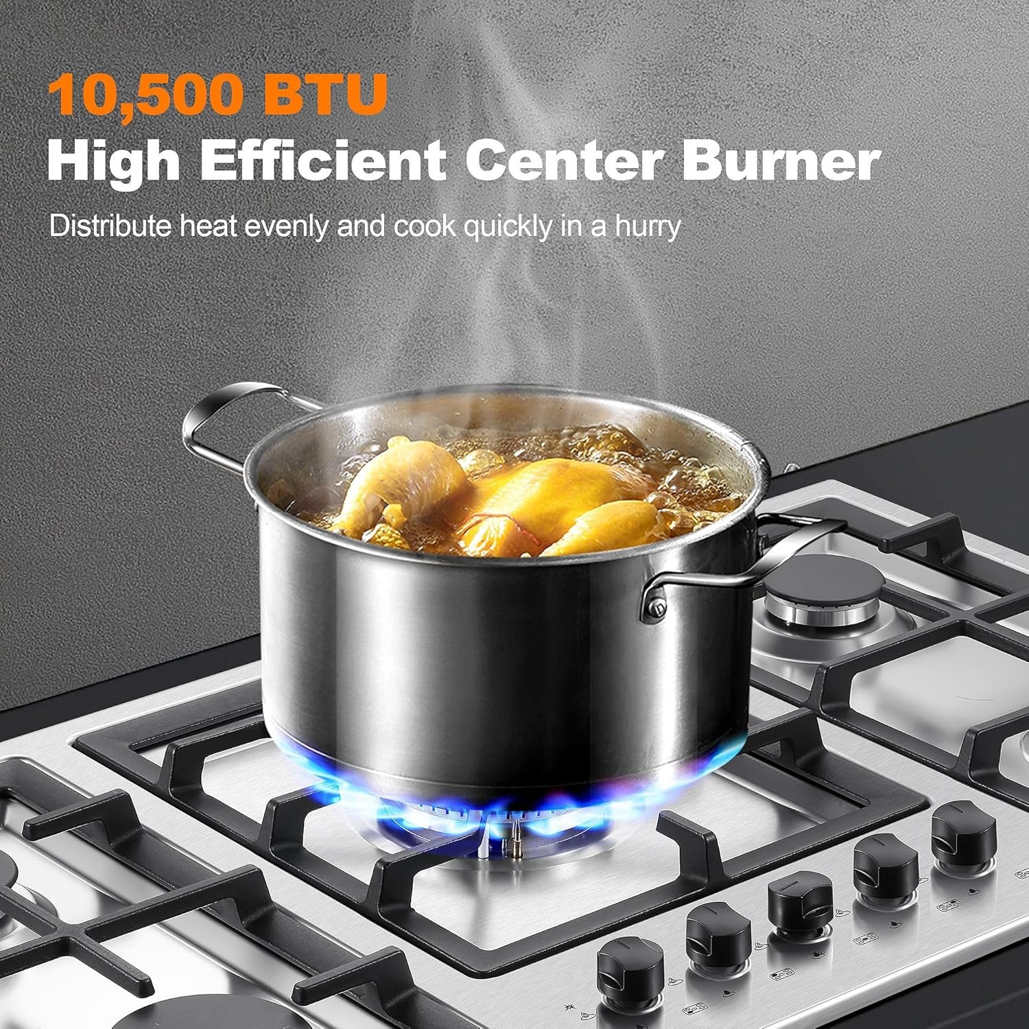 36 Inch Gas Cooktop, 5 Burner Gas Stove Top Total 34,588 BTU, Built-in Stainless Steel 36 Inch Gas Hob with Thermocouple Protection, LPG/NG Convertible Propane Cooktop - Image 2