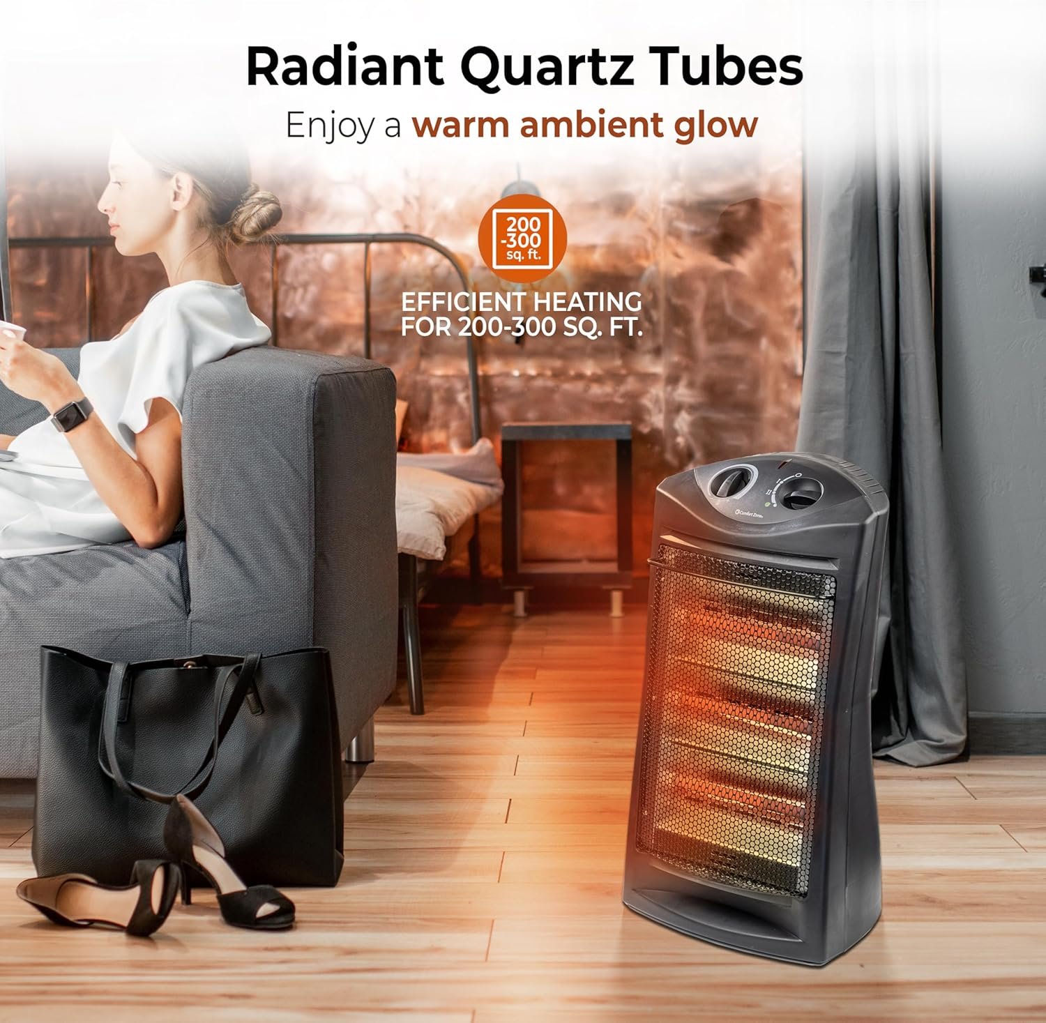 Comfort Zone Space Heaters for Indoor Use, Portable Electric Heater, Adjustable Thermostat, Infrared Heat, Quartz Tower Space Heater with 2 Heat Settings, Bedroom Heater, Black - Image 7