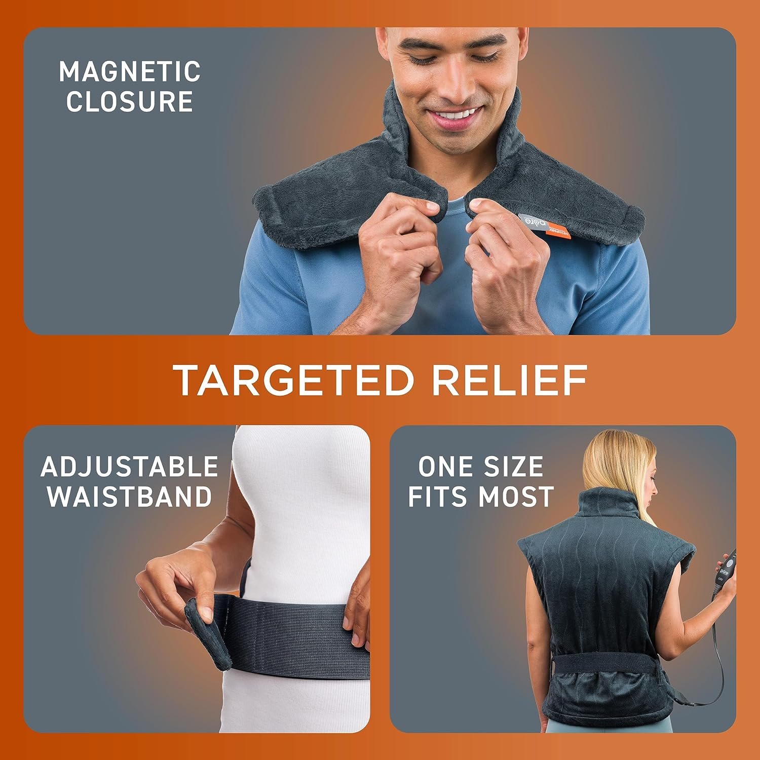 Pure Enrichment PureRelief Pro Far Infrared Back & Neck Heating Pad - Deeper Muscle Relief for Back, Neck, & Shoulder Pain in Athletes, 4 Heat Settings, Dry/Moist Heat, 31.5” x 24” (Iron Gray) - Image 4