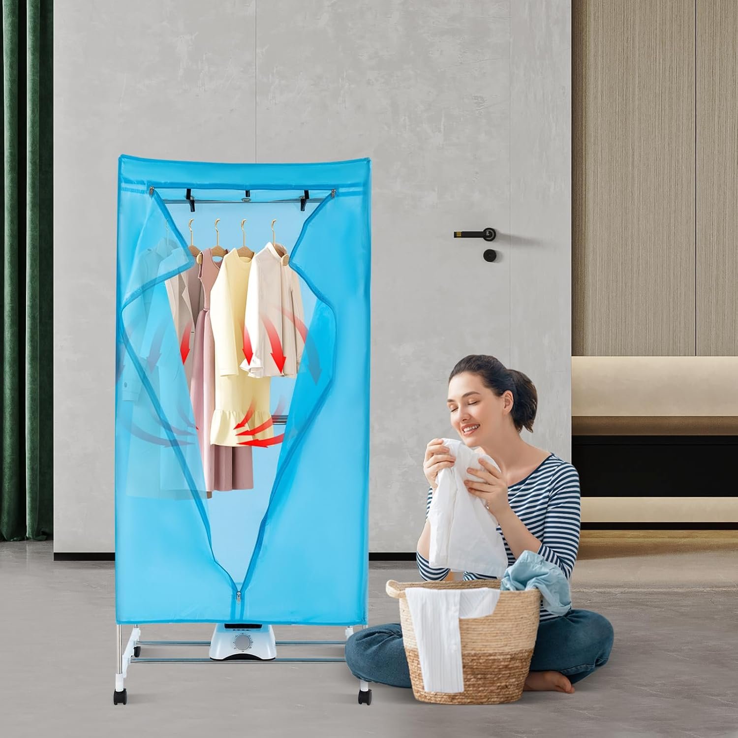 Portable Dryer 110V 1000W Electric Clothes Dryer Machine Fast Garment Dryer Heater 2-Tier Rolling Clothing Drying Rack with Wheels for Home Dorm Hotel Travel, Blue - Image 9