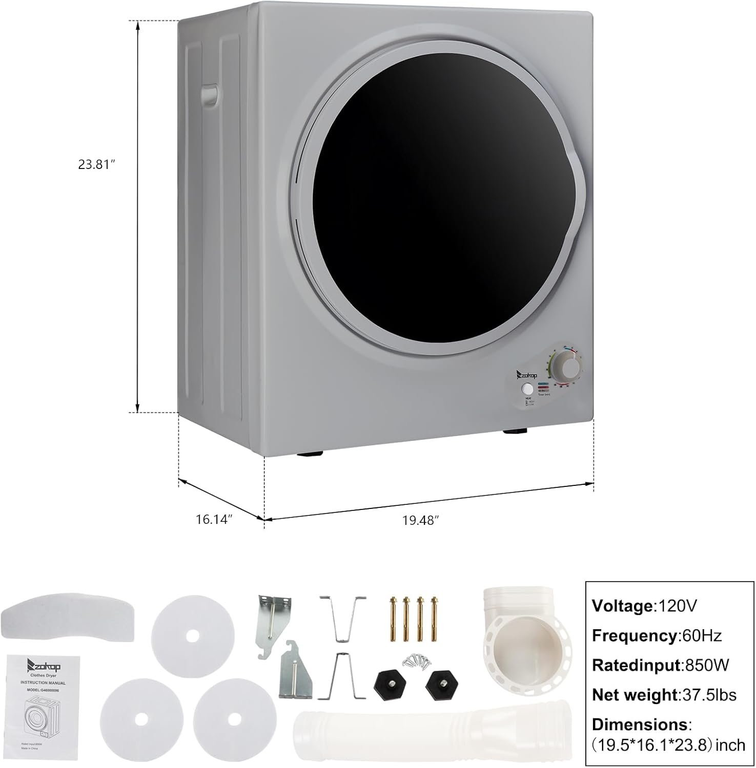 Compact Clothes Dryer, Compact Portable Household Clothes Dryer, 1.5 Cu. Ft. 850W Electric Dryer with Stainless Steel Drum Black and White Mechanical Control ETL Certification - Image 2