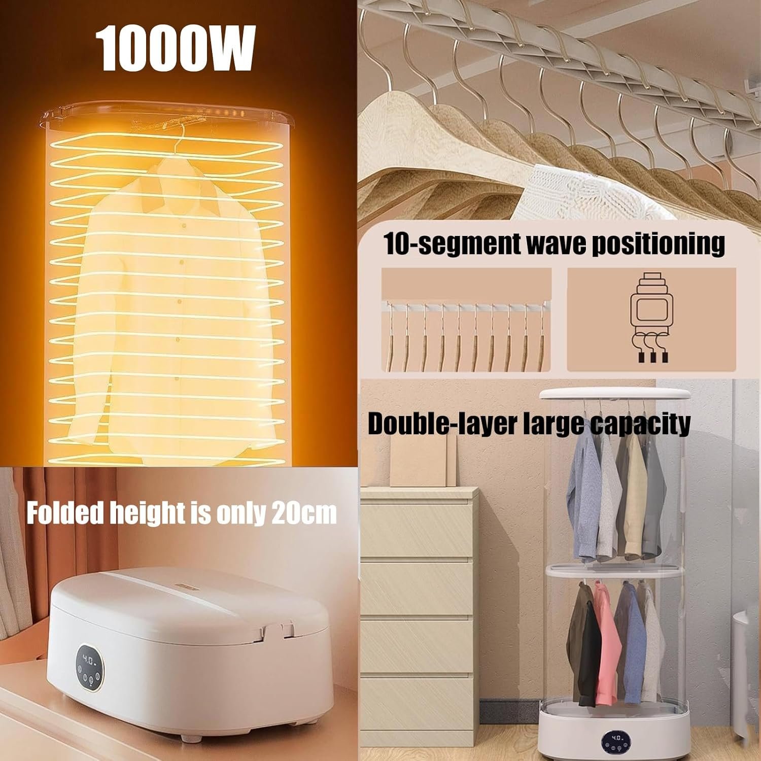 Electric Clothes Dryer, Portable Clothes Dryer for Apartments- 1000W Mini Foldable Electric Dryer with Remote Control for Travel and Small Spaces - Image 2