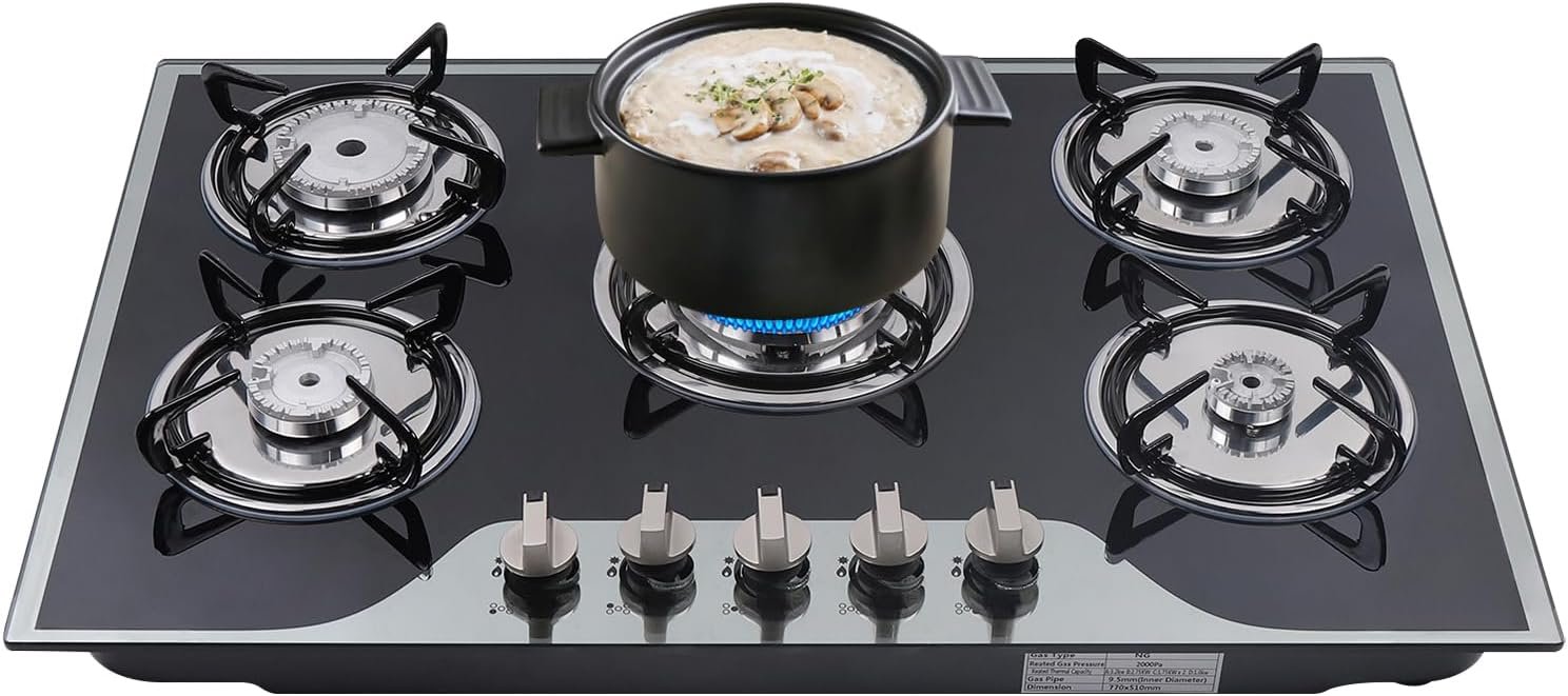5 Burner Gas Cooktops, 30In Built in Kitchen Stove Top Gas Cooktop, Glass Cooktop, Gas Stoves, Kitchen Frying Equipment for Homes Kitchen/Restaurant Cook (Without Extinguishing Protection)