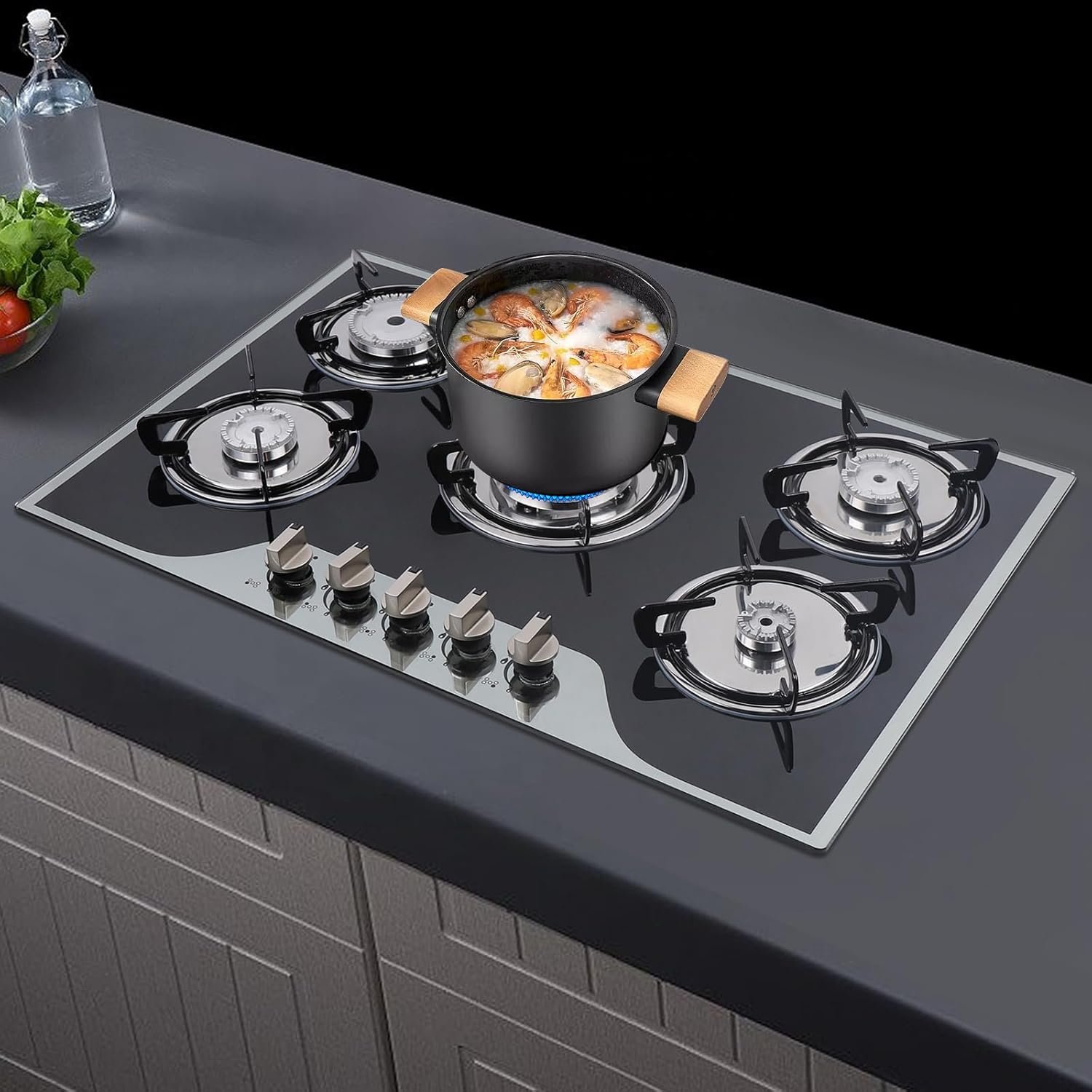 5 Burner Gas Cooktops, 30In Built in Kitchen Stove Top Gas Cooktop, Glass Cooktop, Gas Stoves, Kitchen Frying Equipment for Homes Kitchen/Restaurant Cook (Without Extinguishing Protection) - Image 2