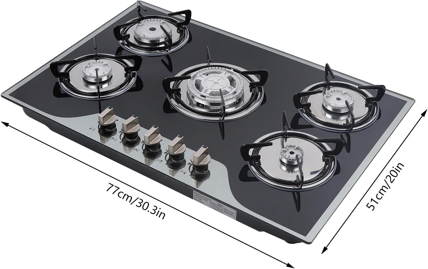 5 Burner Gas Cooktops, 30In Built in Kitchen Stove Top Gas Cooktop, Glass Cooktop, Gas Stoves, Kitchen Frying Equipment for Homes Kitchen/Restaurant Cook (Without Extinguishing Protection) - Image 3