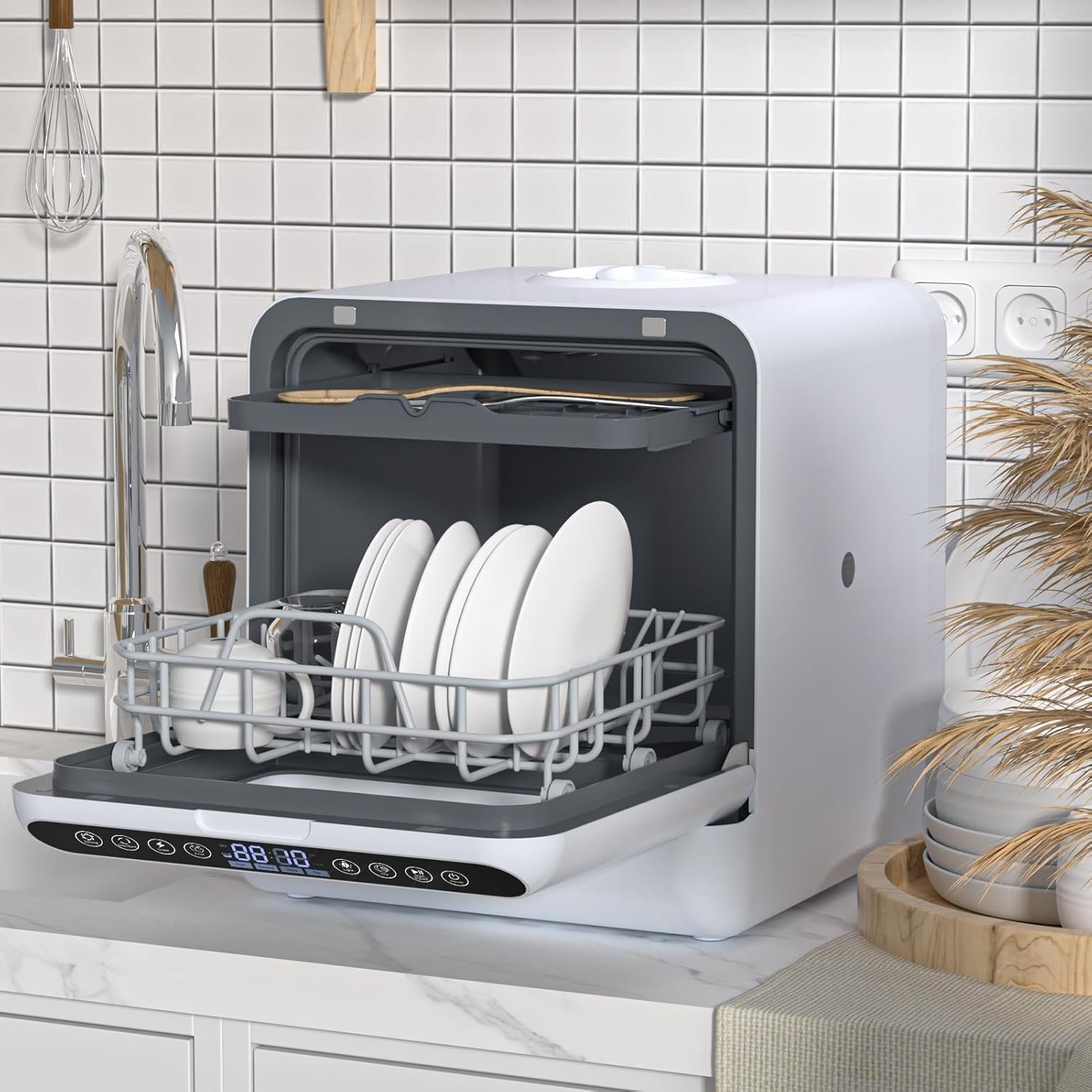 Portable Dishwasher with 5L Water Tank, Mini Dishwasher Countertop, Automatic Smart Countertop Dishwasher with 5 Washing Programs, Air-Dry Function and LED Light, No Hookup Needed, 3-Spray A - Image 3