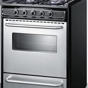 Summit Appliance TTM1307BKSW 20" Wide Gas Range in Stainless Steel with Sealed Burners, High Backguard, Clock/Timer, Oven Window, Towel Bar Handles and Electronic Ignition
