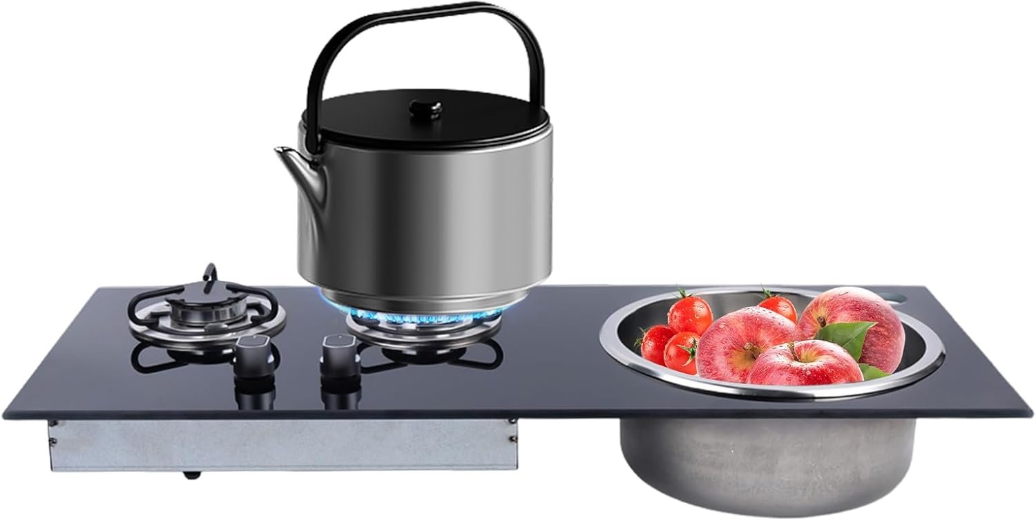 RV Gas Stove, Burner Tempered Glass Gas Cooktop Burner Lpg Gas Stove Hob for Boat Caravan Rv Camper Gas Range Stove Multi-level Fire Adjustment (With Bowl, 2 Burner) - Image 2