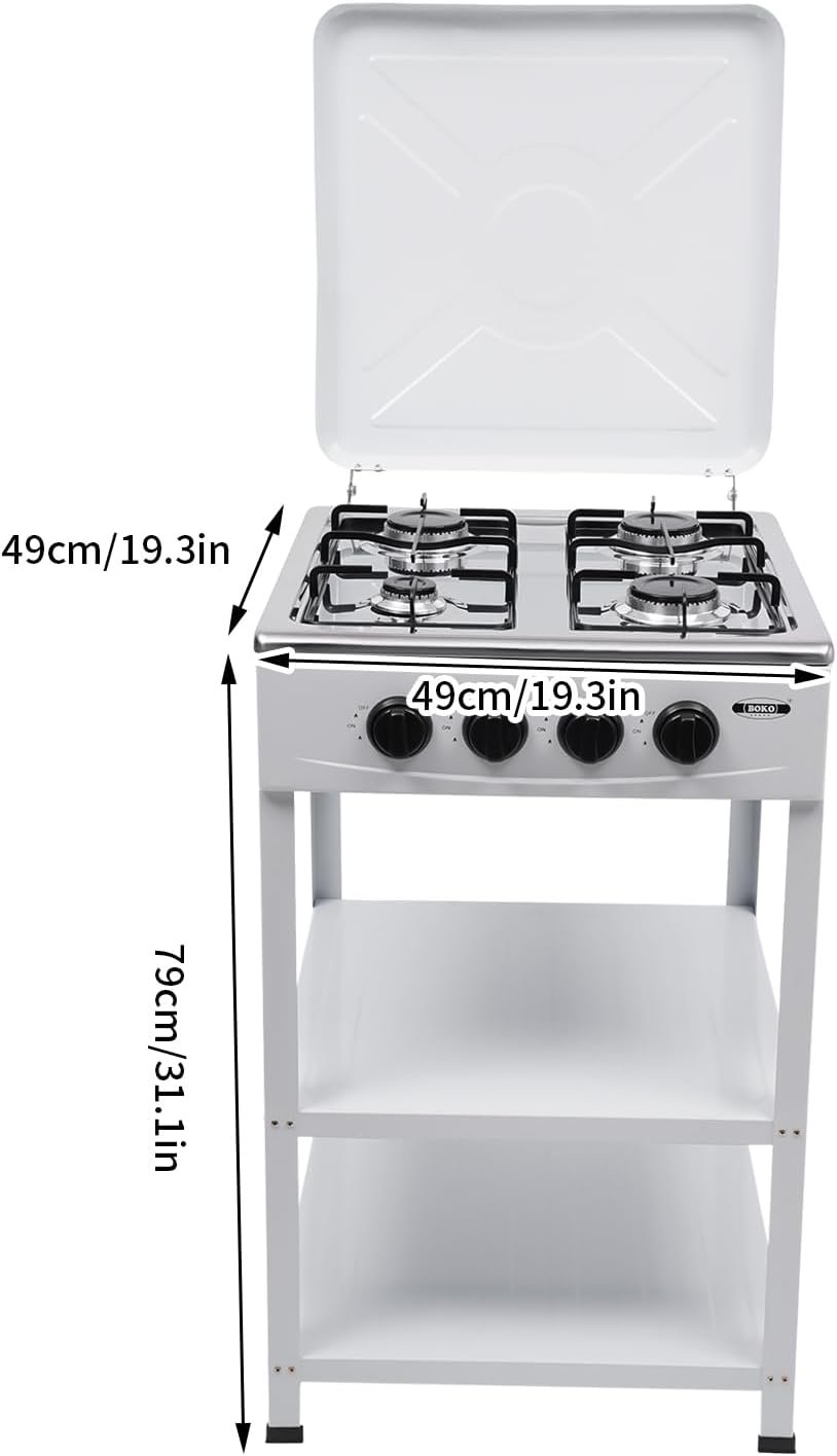4 Burner Gas Stove Portable Natural Gas Camping Grill Stove Floor Standing Gas Cooktop with Storage Stand and Wind Blocking Cover Adapter Manual Ignition for Outdoor Camping RV (White) - Image 7